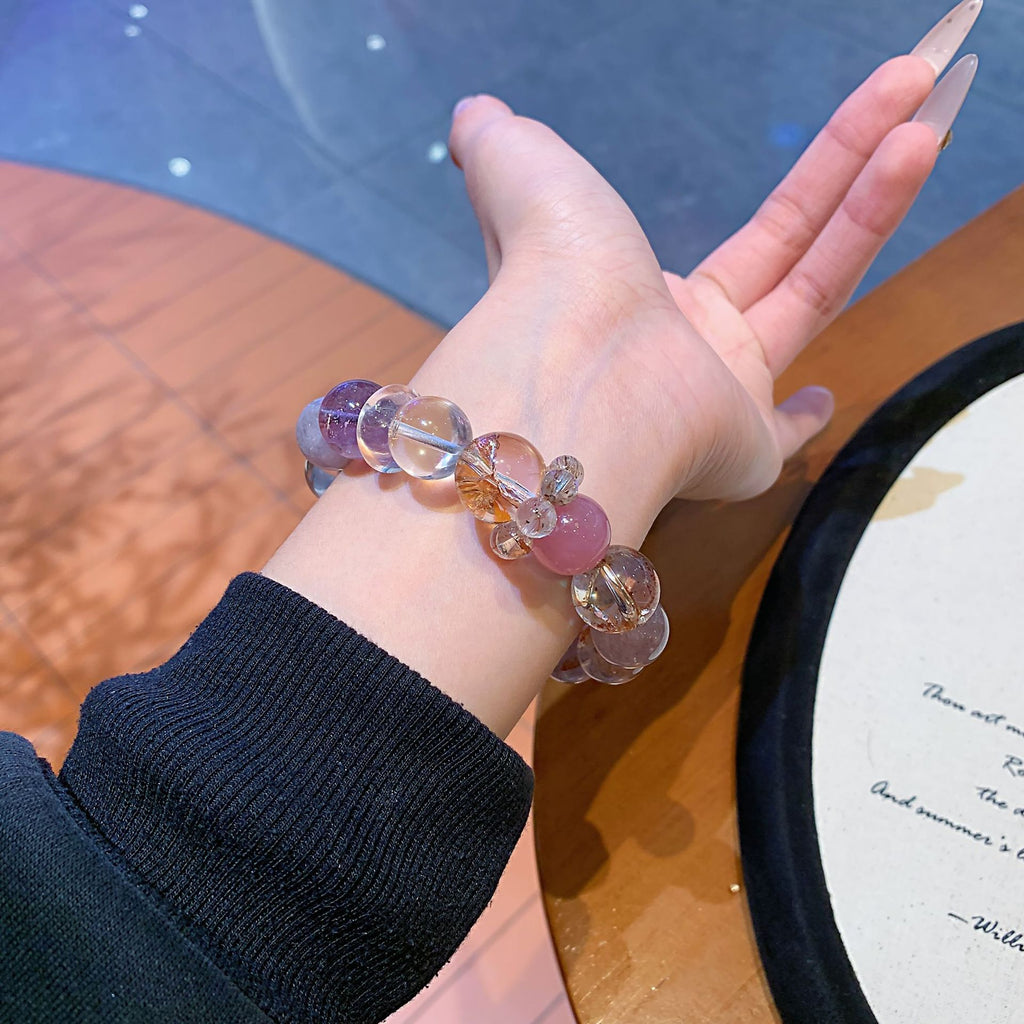 Natural Crystal Large Bead Bracelet Original Design Black Shining White Crystal Bracelet Fashionable High-End Bracelet