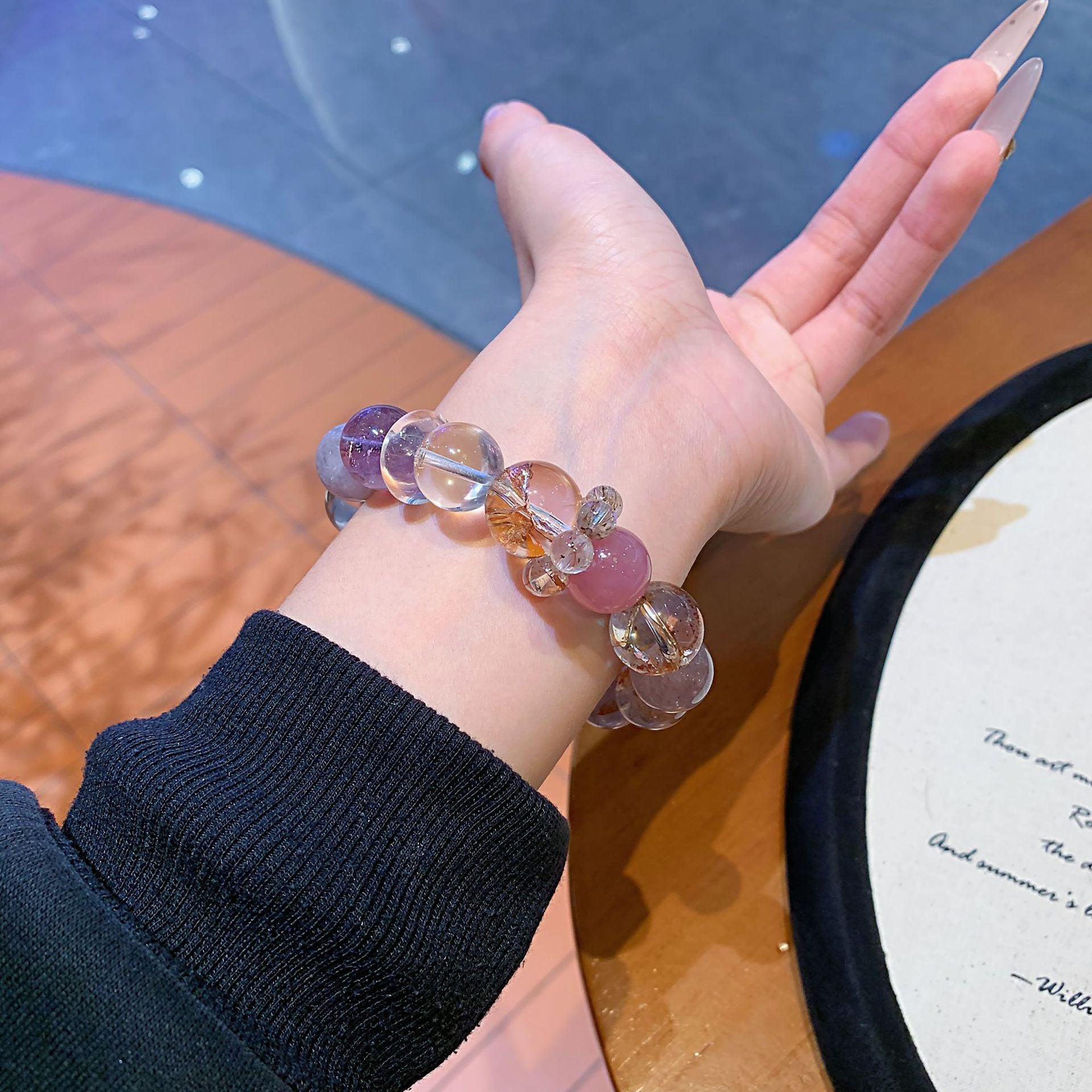 Natural Crystal Large Bead Bracelet Original Design Black Shining White Crystal Bracelet Fashionable High-End Bracelet