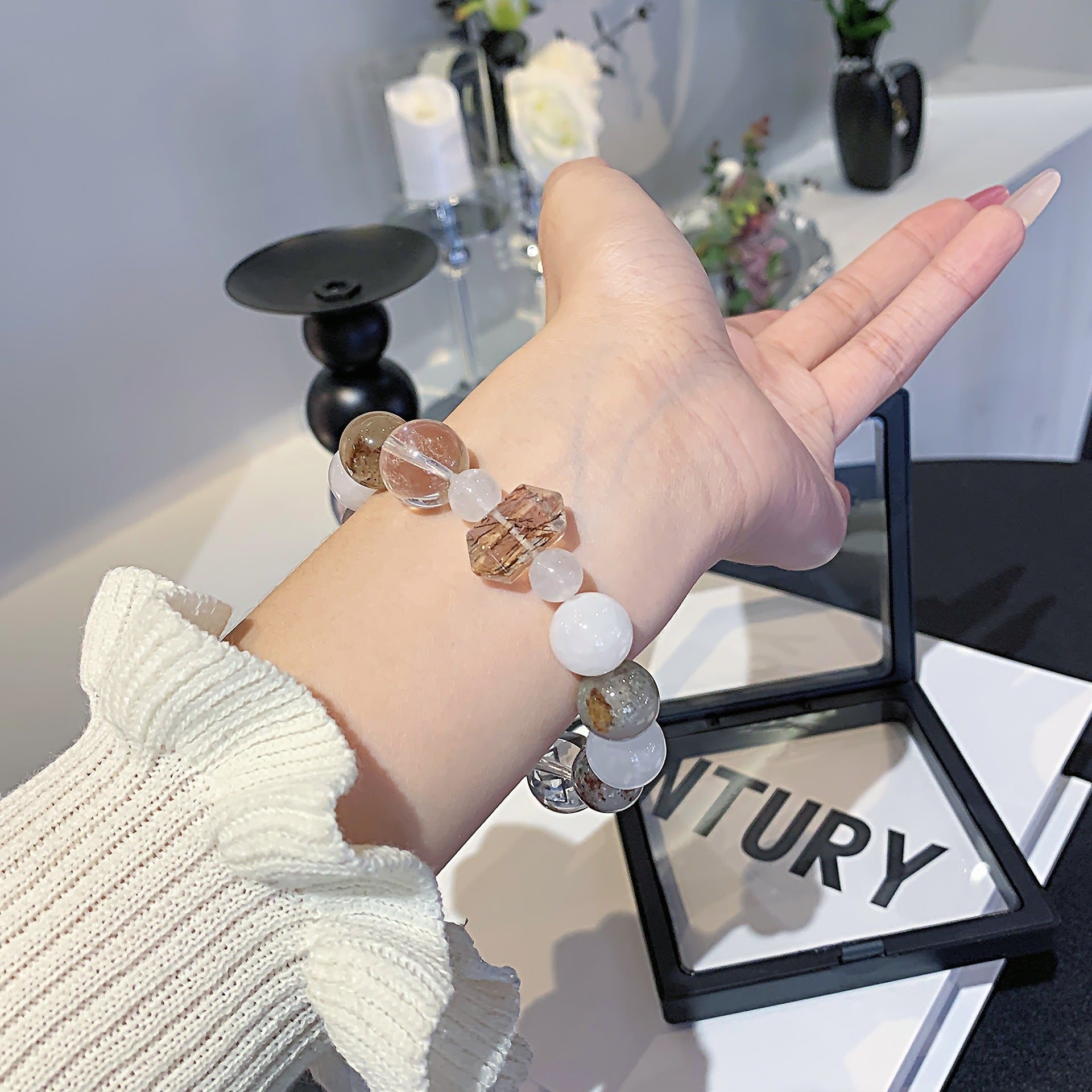 Natural White Phantom White Crystal Bracelet Milky White Crystal Ghost Obsidian Bracelet Luxury High-End Feel Bracelet