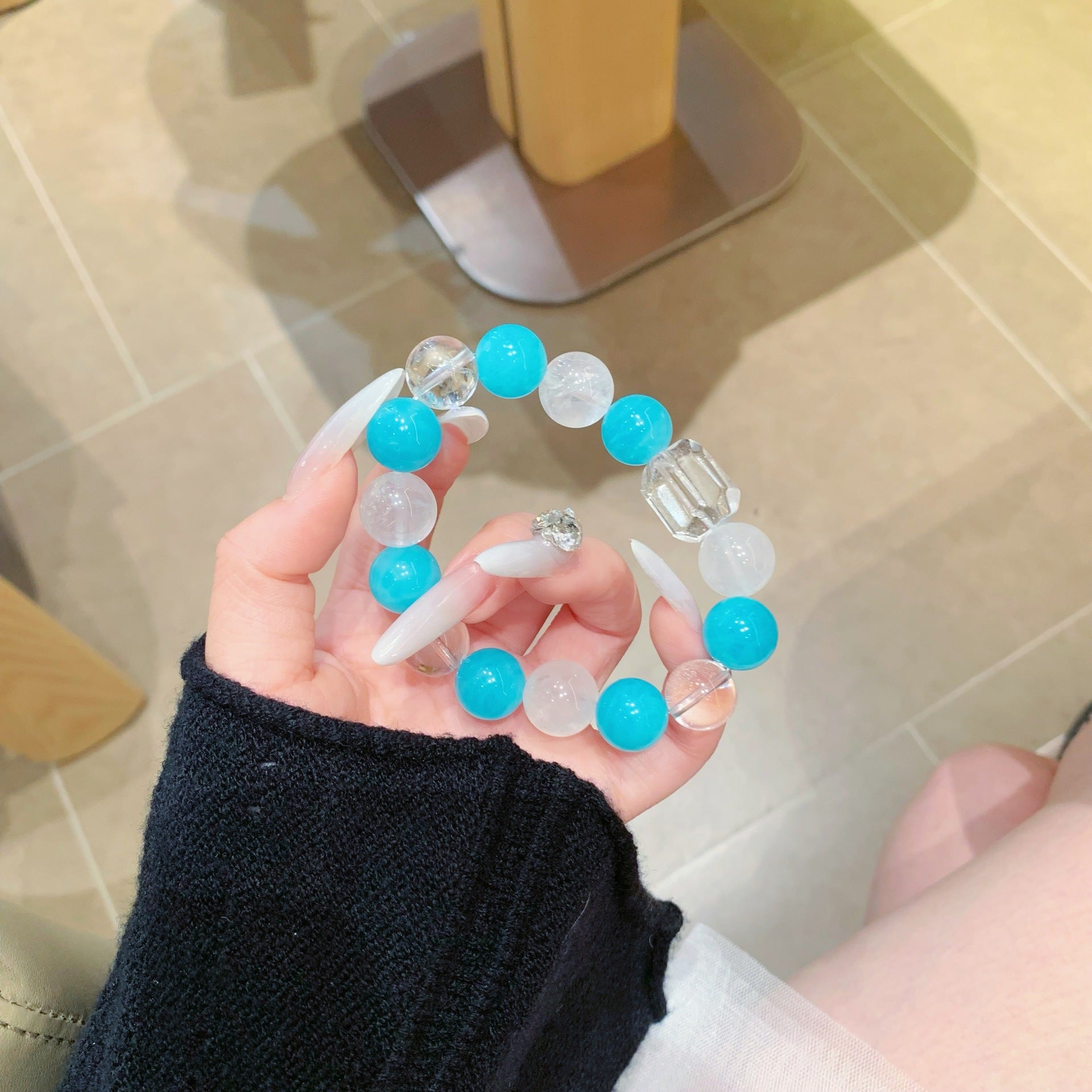 New Chinese Style Retro High-end Designer Goods Glass Body Diagram Natural White Crystal12mm Amazonite Bracelet Crystal Bracelet