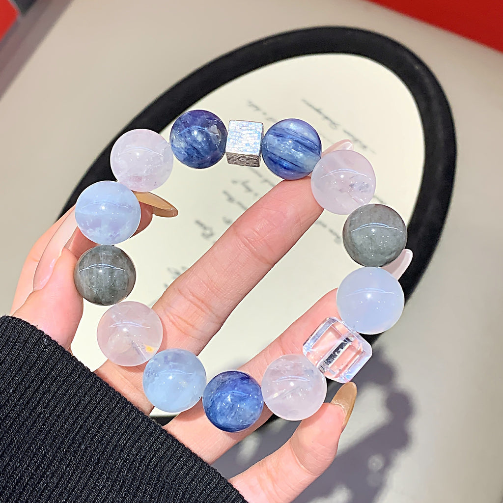 Natural Crystal Bracelet White Phantom with Gray Rabbit Fur Original Design Crystal Chain Aquamarine Crystal Bracelet