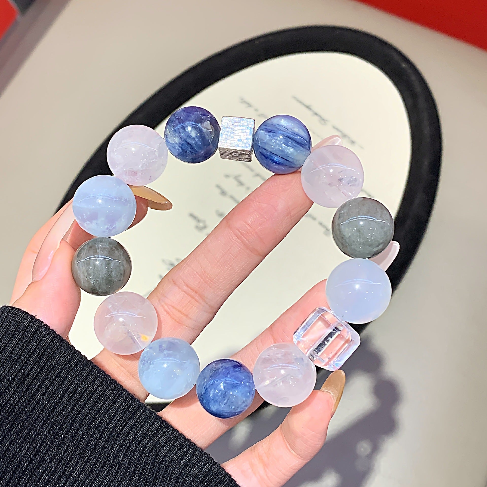 Natural Crystal Bracelet White Phantom with Gray Rabbit Fur Original Design Crystal Chain Aquamarine Crystal Bracelet