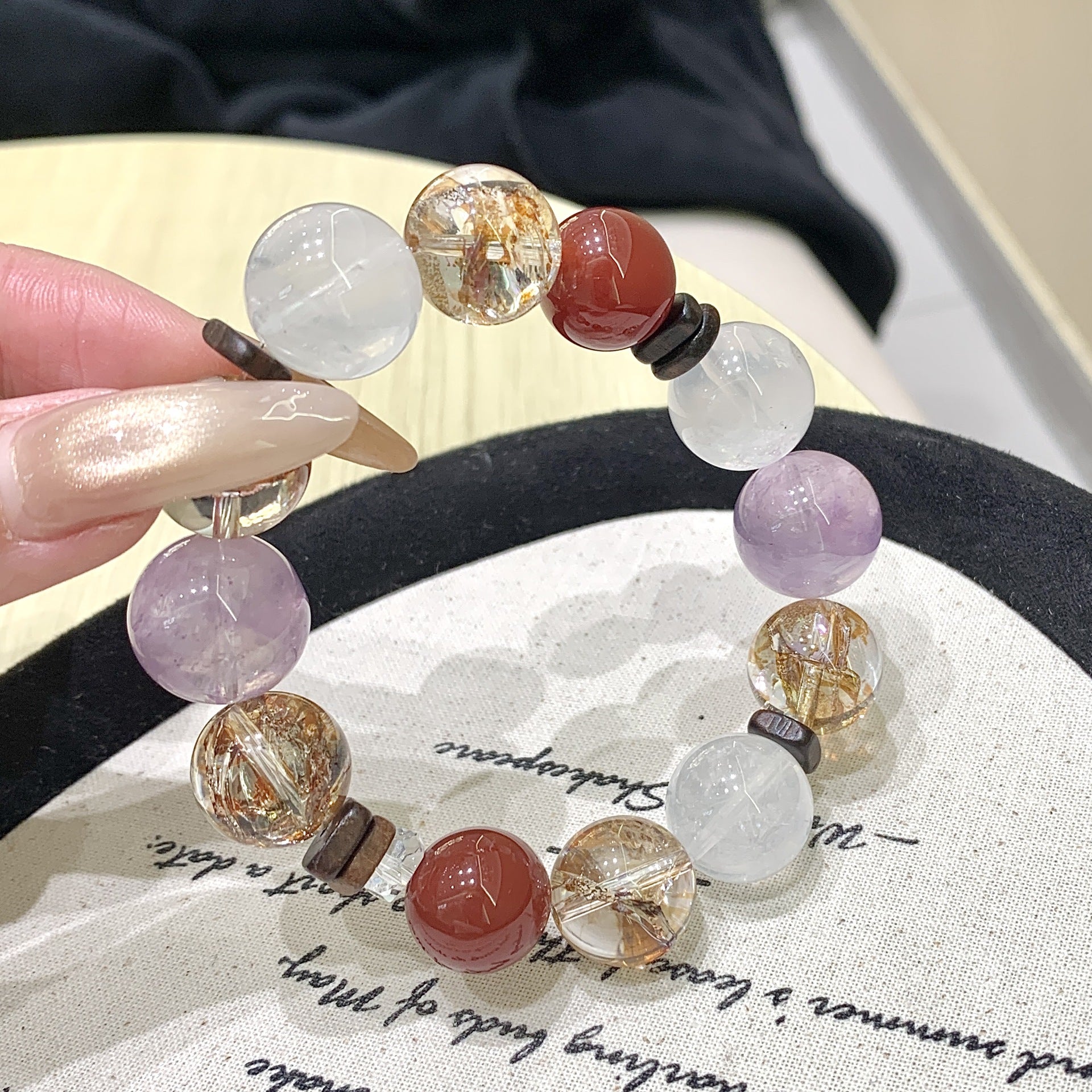 Natural Amethyst Bracelet White Ghost Premium Bracelet for Women, Rose Design, Wealth Attraction and Luck Improvement Gold Foil Glue Flower Crystal String