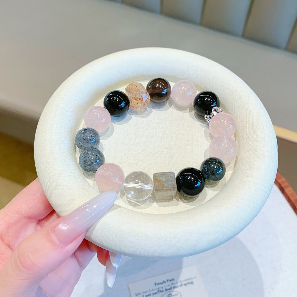 Natural Silver Obsidian Pink Crystal Couple Bracelet for Stable Relationships, Fortune Transfer, Lion Awakening Beaded Design, White Crystal Bracelet