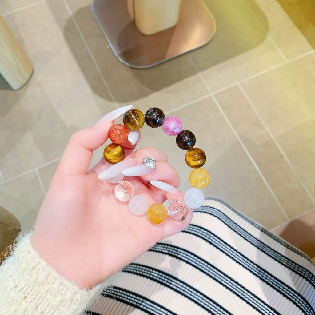 Rainbow Gradient Natural Crystal Bracelet Aquamarine Purple Mica Citrine Kunzite White Phantom Crystal Bracelet