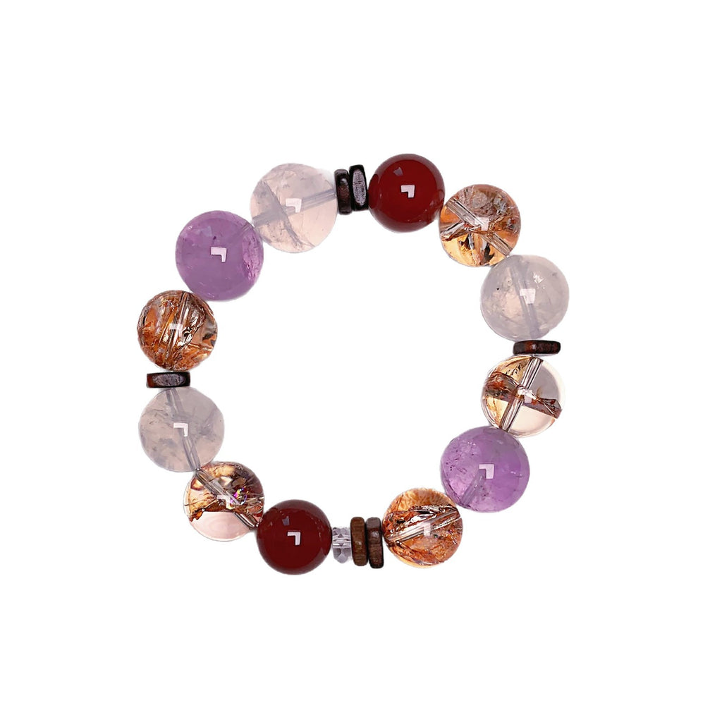 Natural Amethyst Bracelet White Ghost Premium Bracelet for Women, Rose Design, Wealth Attraction and Luck Improvement Gold Foil Glue Flower Crystal String