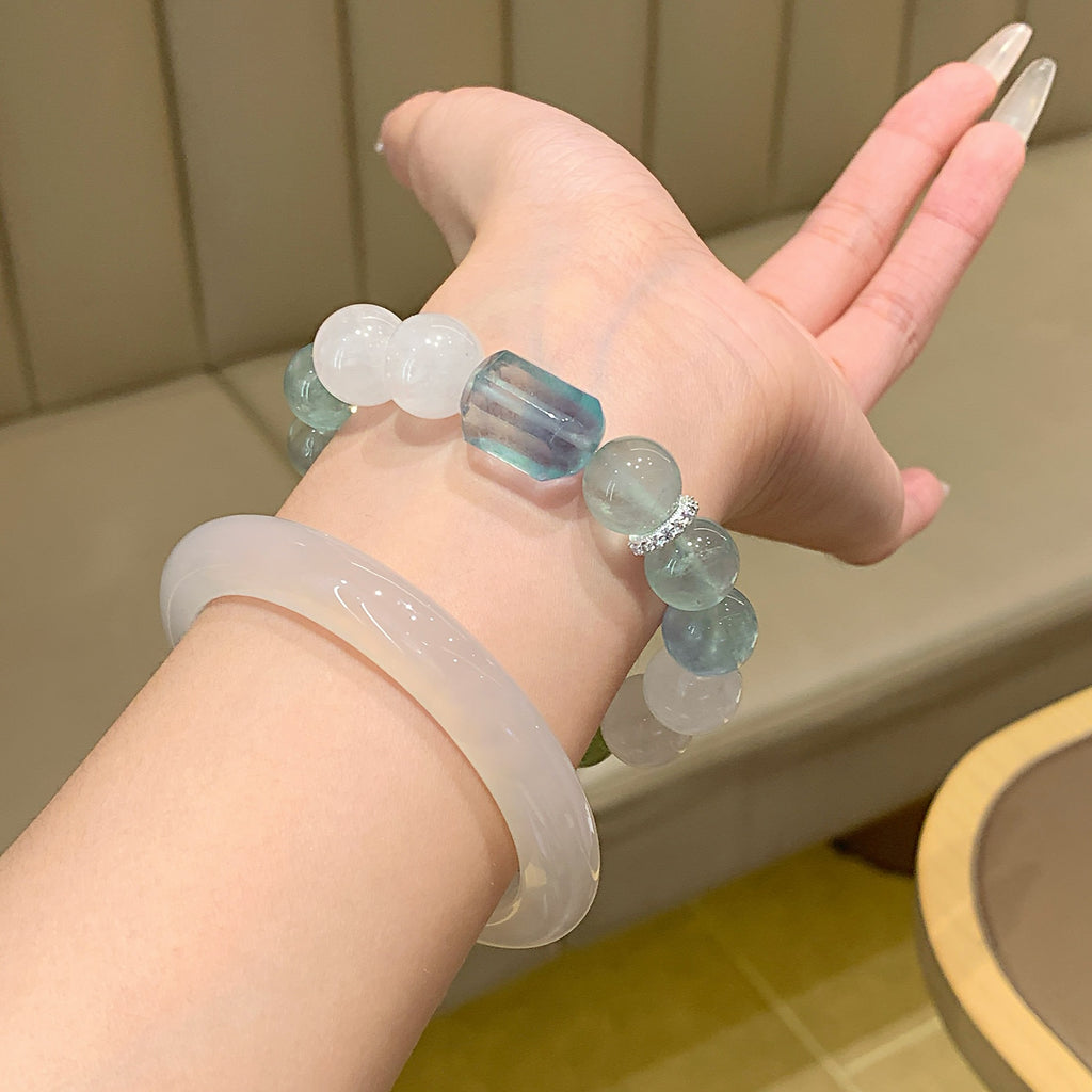 Natural Crystal Bracelet Original Design White Phantom Crystal with Xiuyan Jade Green Fluorite Natural Crystal Bracelet