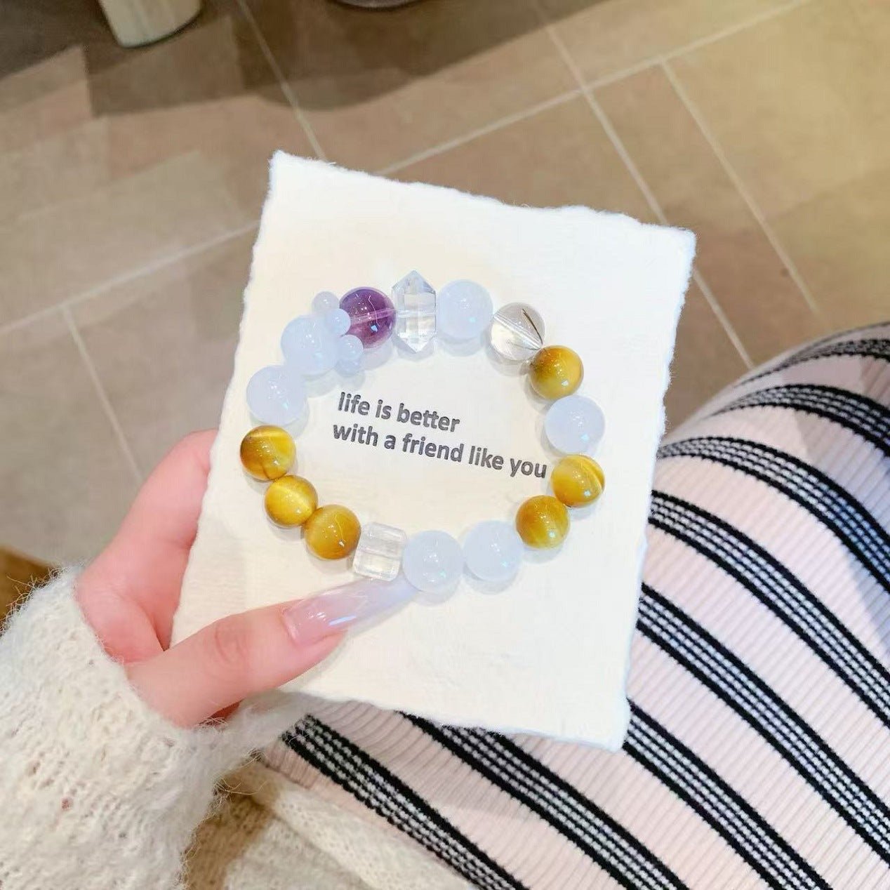 Natural Gold Tiger Eye Matching White Phantom Single Circle Bracelet Original Design Natural Crystal Bracelet Golden Tiger Eye Bracelet