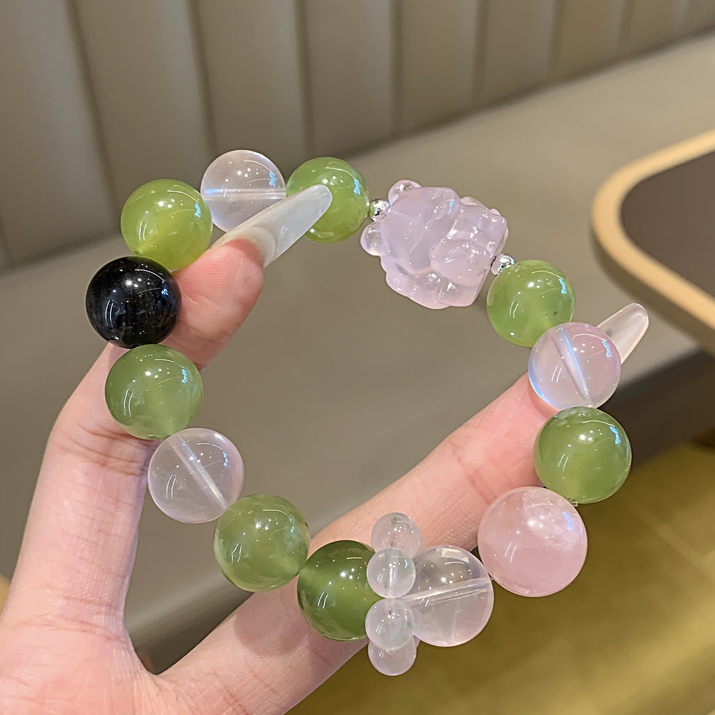 Natural Xiuyan Jade Jewelry Crystal Bracelet Fortune-Attracting Wealth Peach Blossom Lucky Bead Bracelet Gift for Women Rose Quartz Bracelet