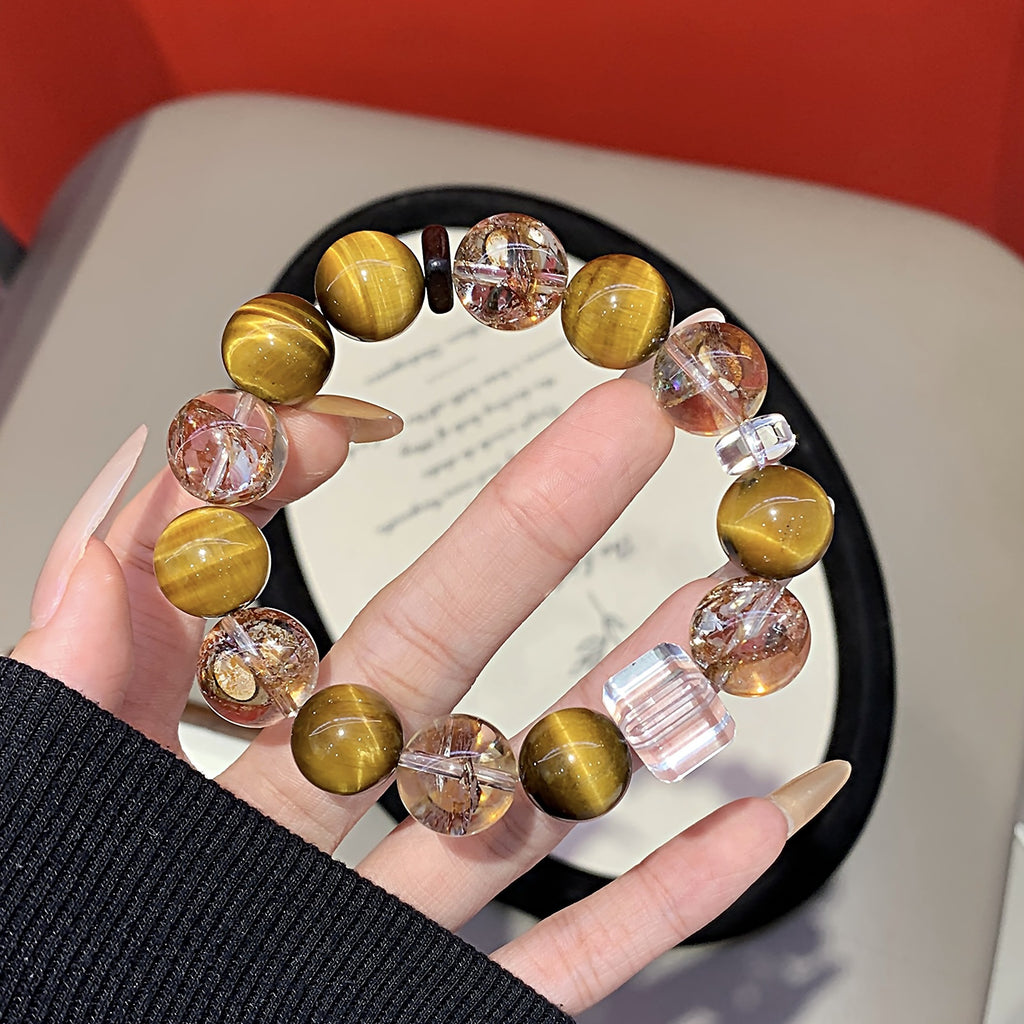 Natural Yellow Tiger Eye Bracelet Pair with Gold Foil Explosion Original Design New Cross-Border Hot-Selling Bracelet Crystal Bracelet