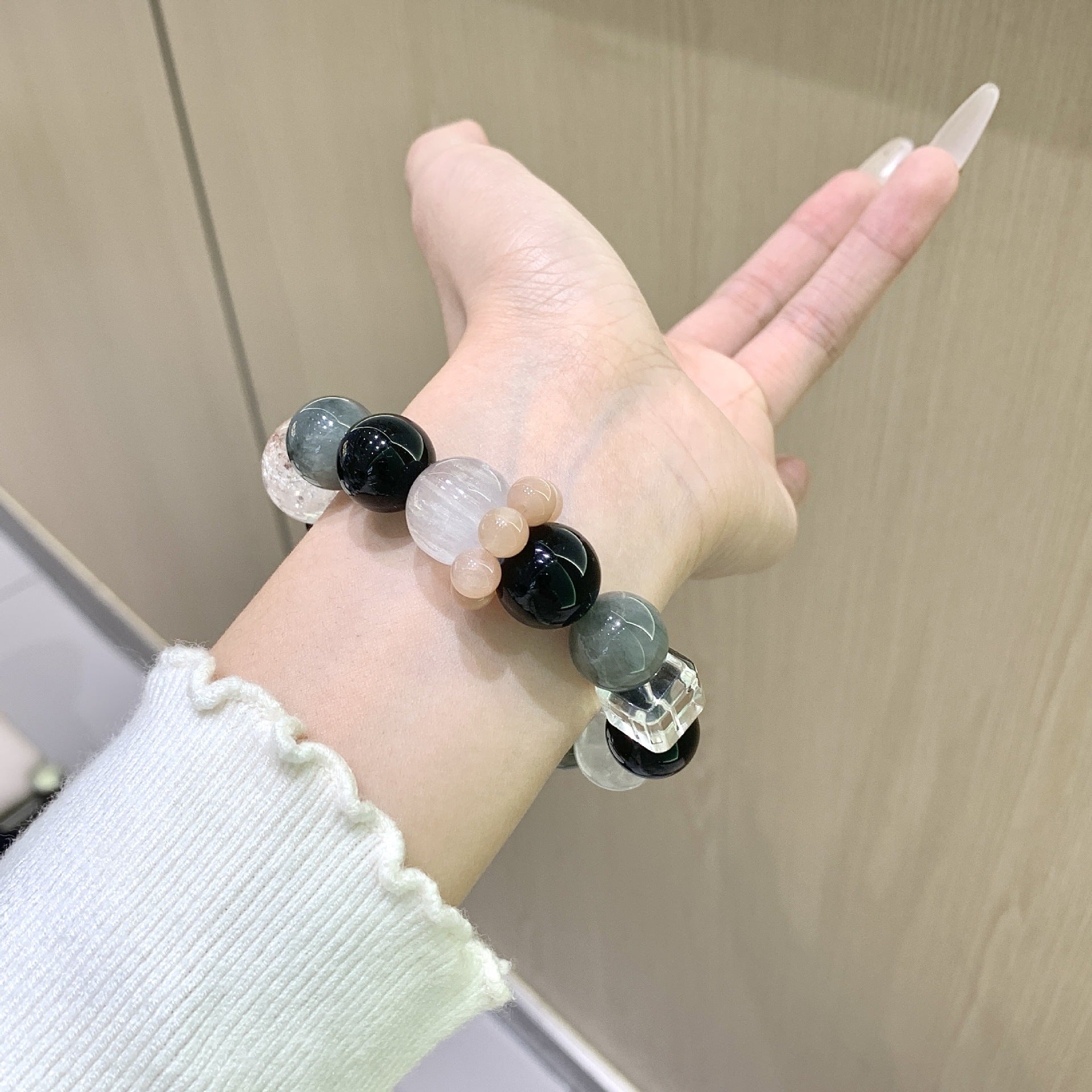 Natural Crystal Bracelet Gray rabbit fur paired with obsidian original design New Year gift Ketang Crystal Factory