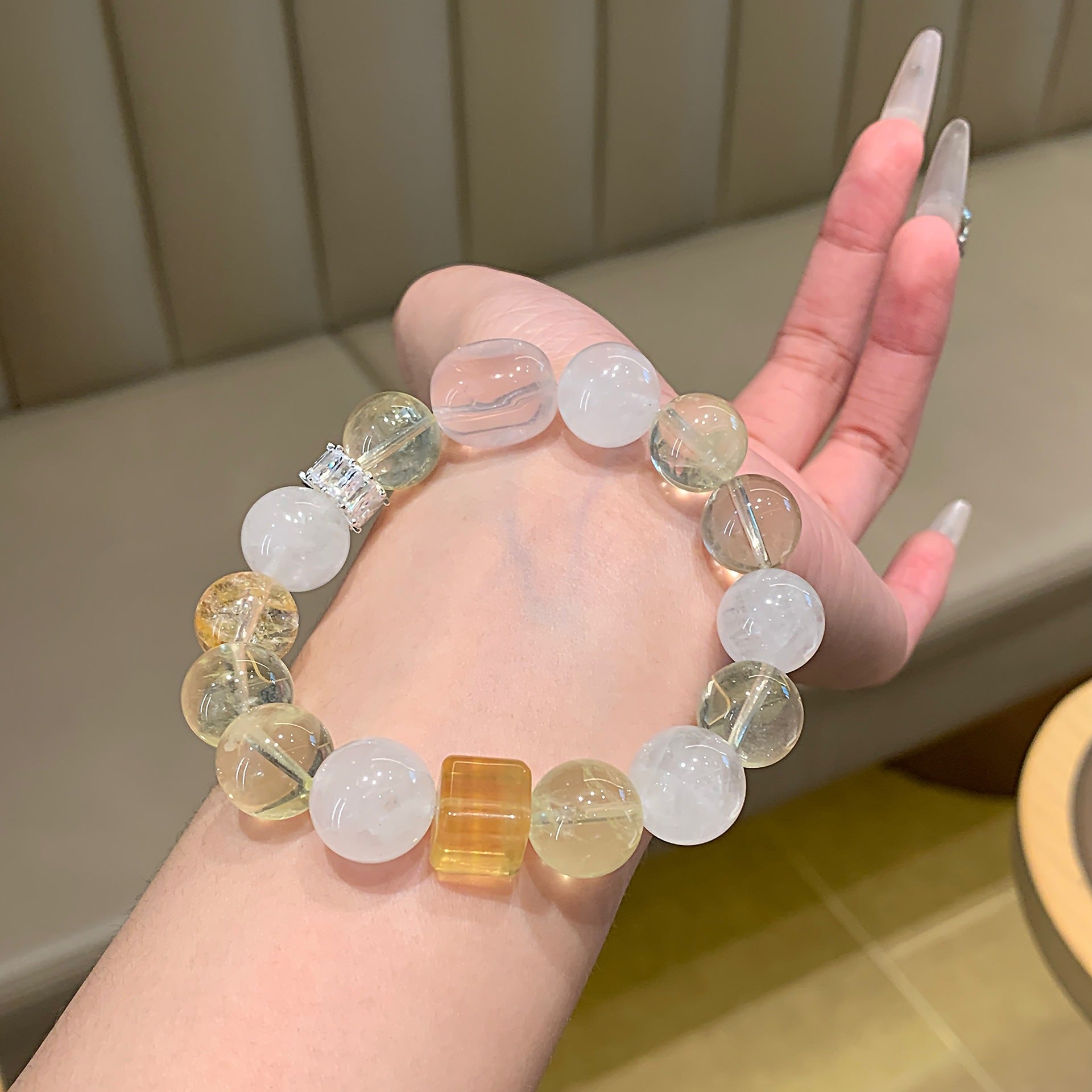 Yellow Pagoda Crystal Close-to-Chest Crystal Bracelet Simple Single Loop Versatile Bracelet with White Crystal Beads Lemon Crystal Bracelet