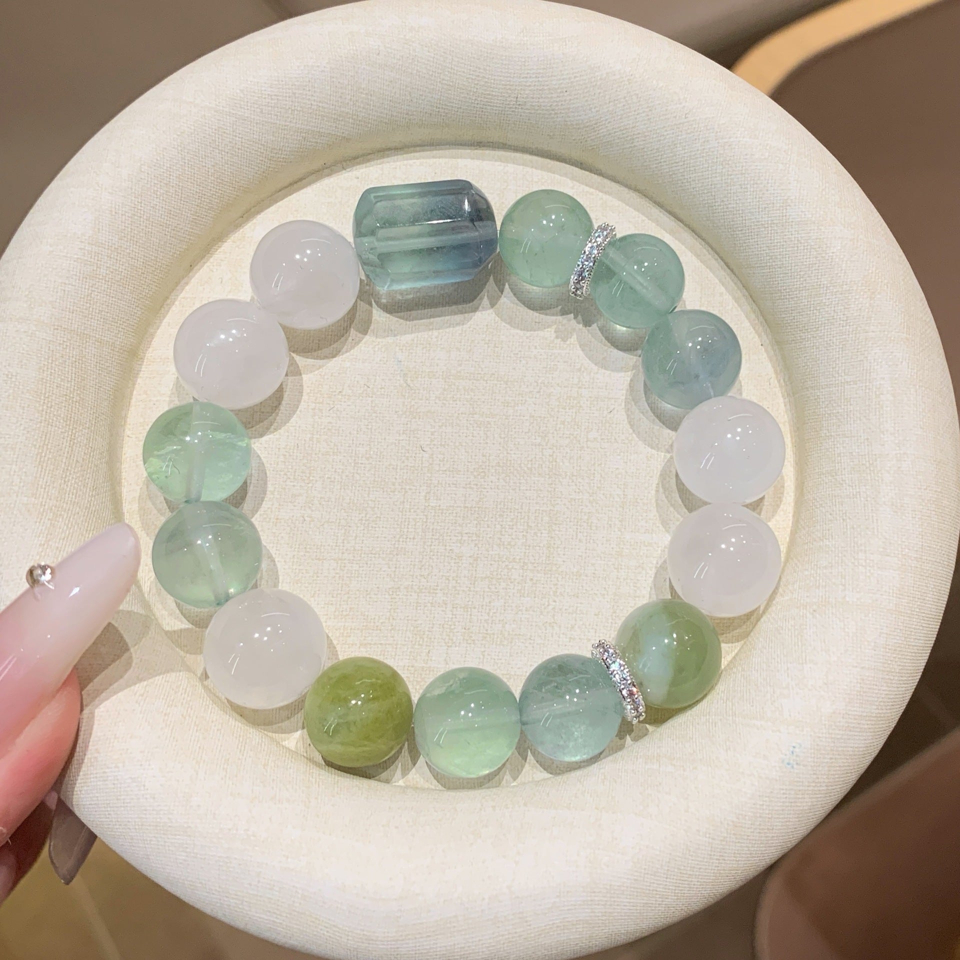 Natural Crystal Bracelet Original Design White Phantom Crystal with Xiuyan Jade Green Fluorite Natural Crystal Bracelet