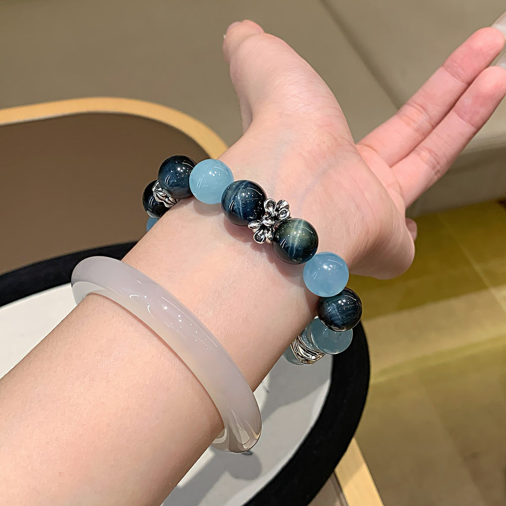 Junyu High-End Cool Style Natural Aquamarine Bracelet Blue Tiger Eye Bracelet Niche Design Aquamarine Bracelet