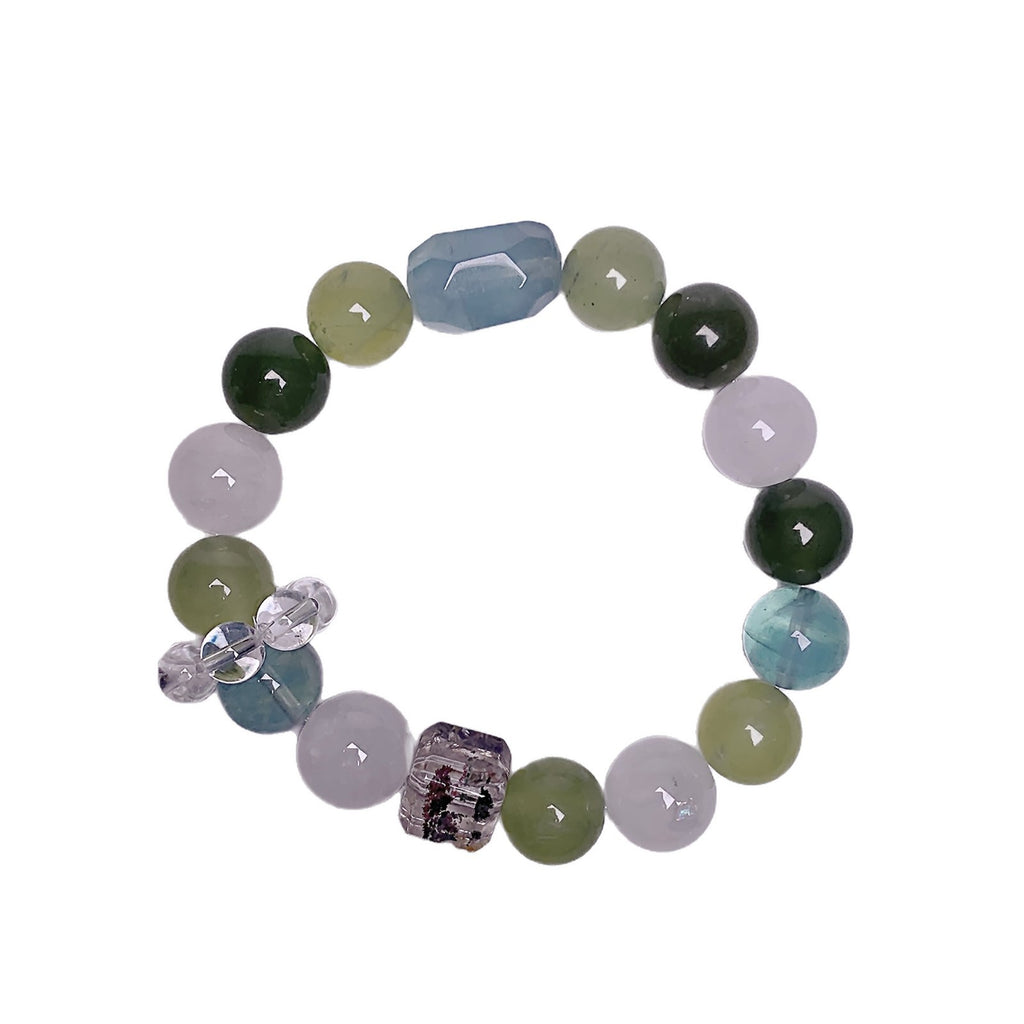 Natural Crystal Bracelet Original Design White Phantom Crystal with Xiuyan Jade Green Fluorite Natural Crystal Bracelet