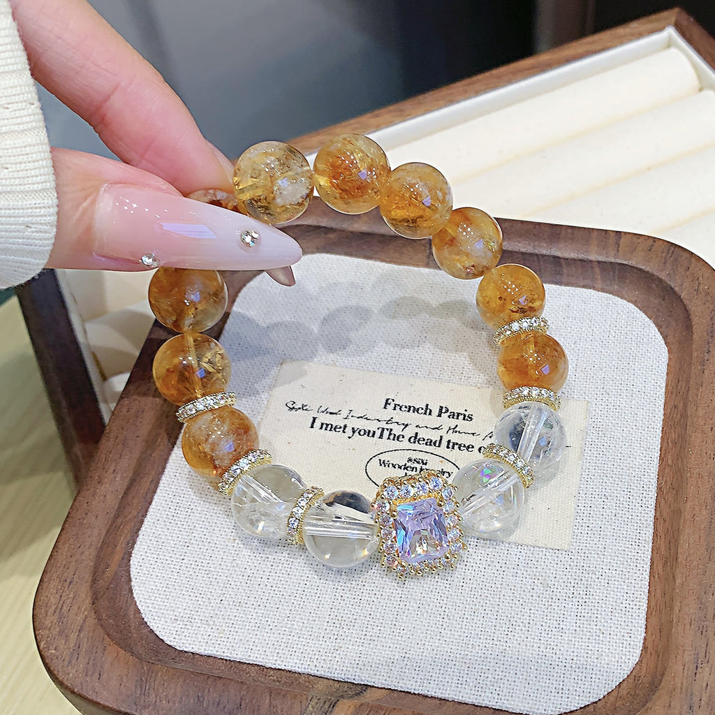 Natural Yellow Pagoda Crystal Round Bead Single Strand Bracelet Fortune-Attracting Niche Simple Two-Tone Bracelet Versatile Jewelry Bracelet for Gifts