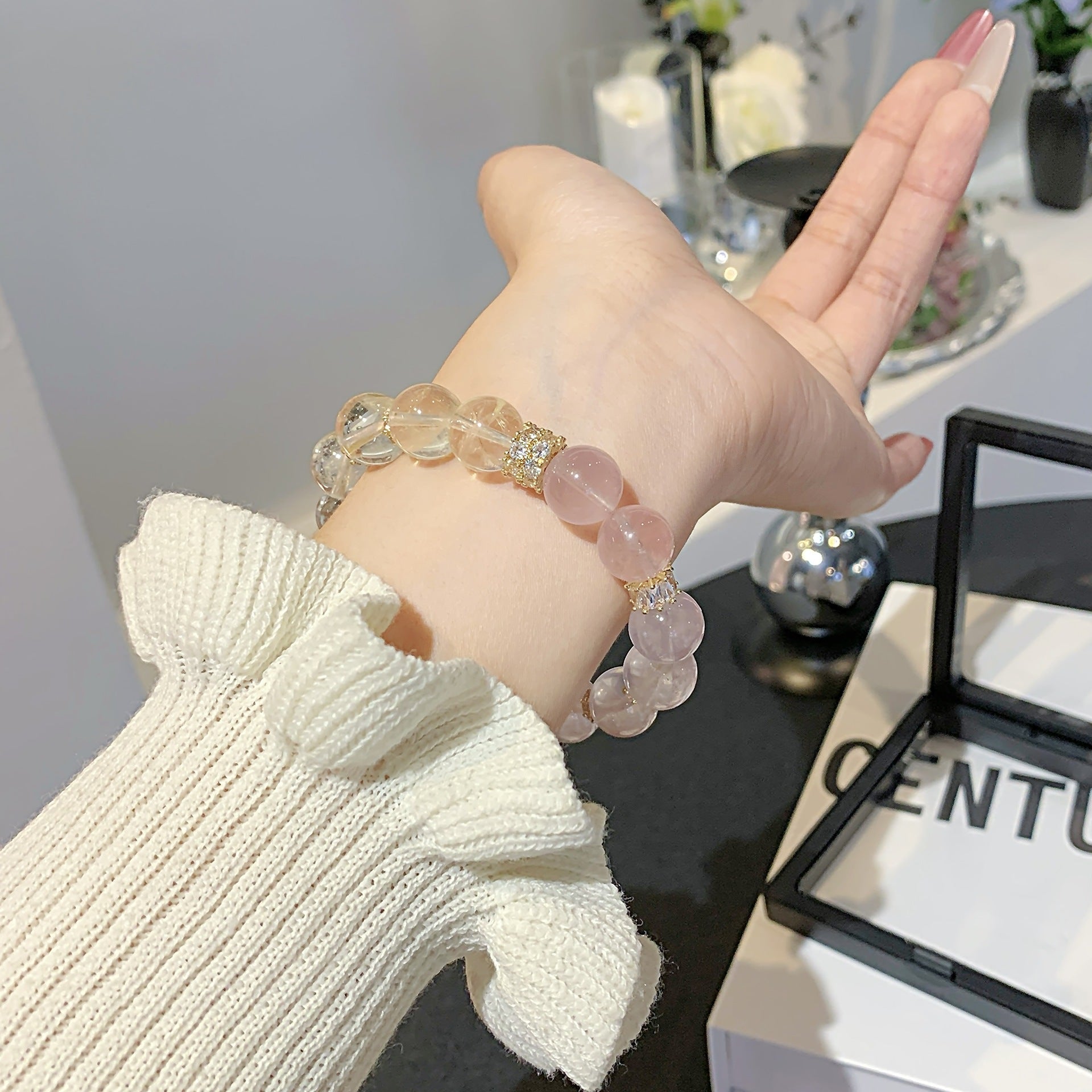 Natural Pink Crystal Bracelet White Crystal Bracelet Lucky Charm Peach Blossom Birthday Gift for Best Friend Crystal Chain Bracelet