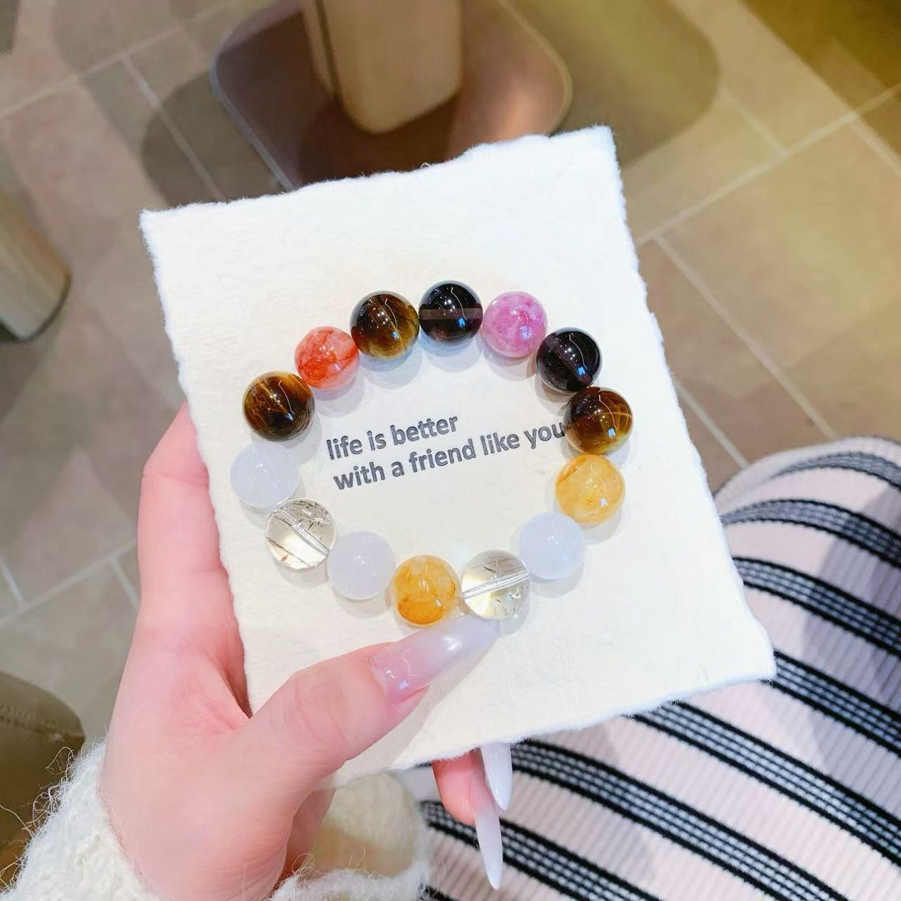 Rainbow Gradient Natural Crystal Bracelet Aquamarine Purple Mica Citrine Kunzite White Phantom Crystal Bracelet