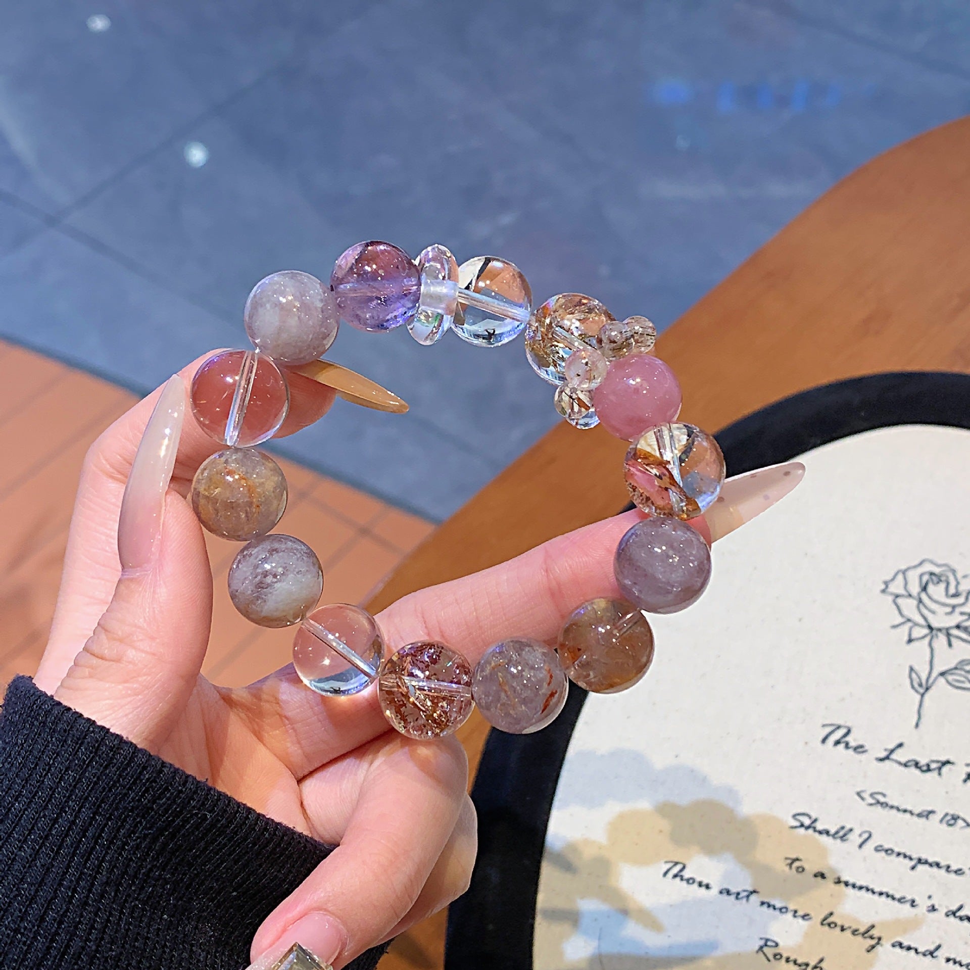 Natural Crystal Large Bead Bracelet Original Design Black Shining White Crystal Bracelet Fashionable High-End Bracelet