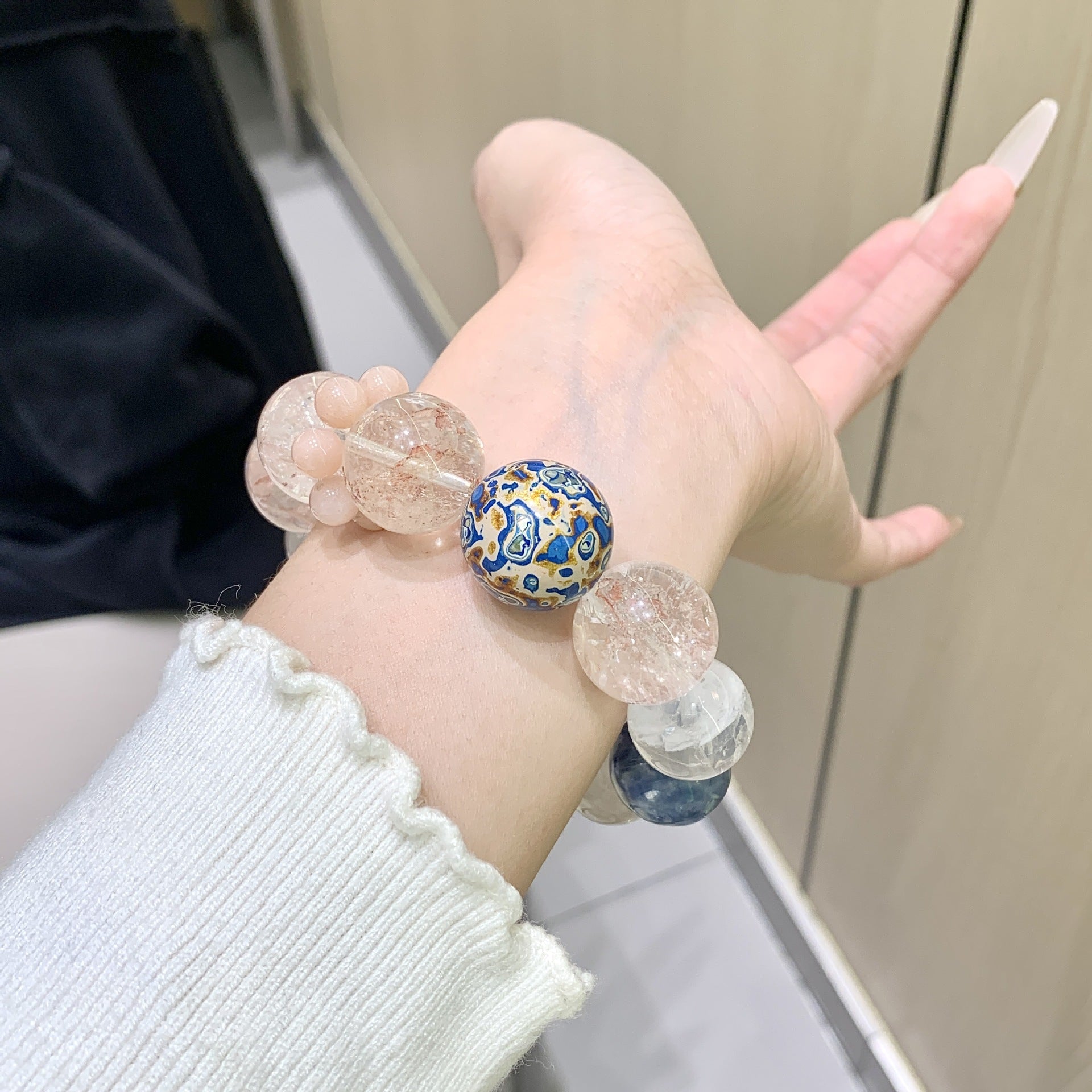 Natural Crystal Pink Crystal Ace Bracelet Original Design Double Ice Transparent Floral Fashion White Ghost Crystal Bracelet