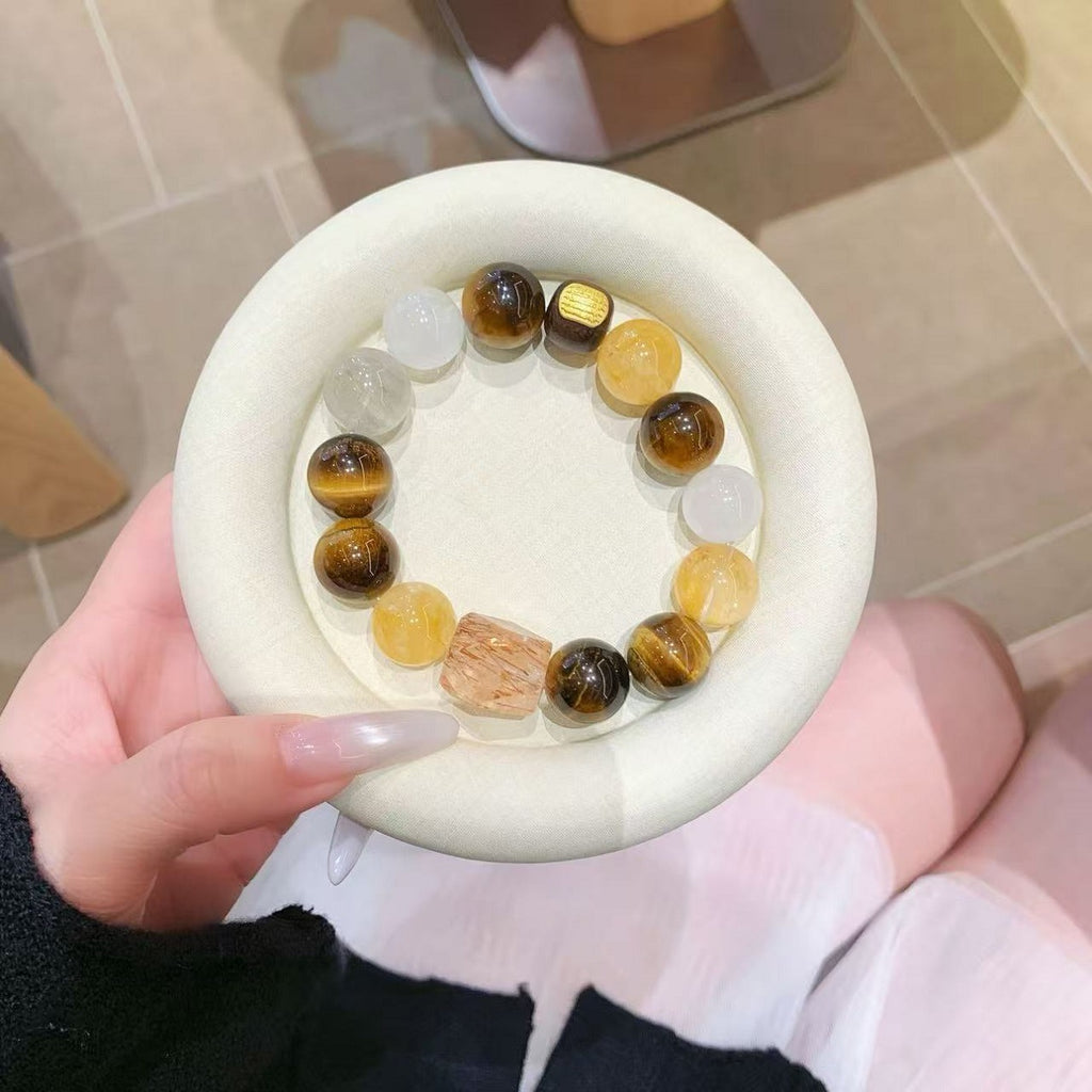 Natural Multi-Gem Bracelet White Phantom Horse Hoof Conch Yellow Tiger Eye Stone Yellow Agate Yellow Tiger Eye Stone Large Lacquer Bead Cream Style