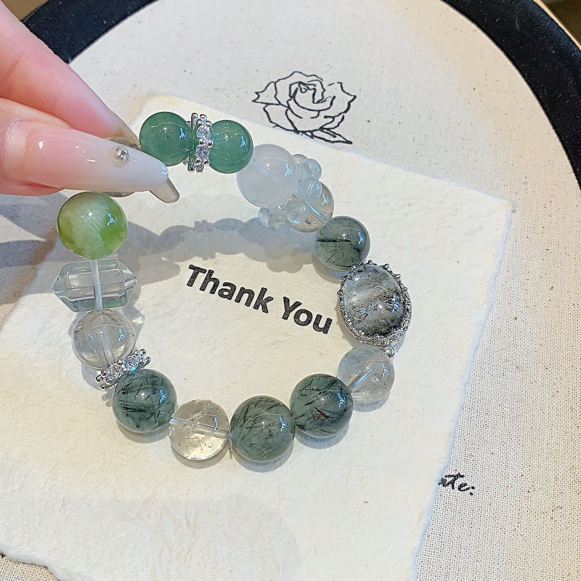 Natural Green Rutilated Quartz Bracelet Black Gold Ultra White Ghost White Crystal Freeform Design Model Tourmaline Green Hair Crystal Bracelet