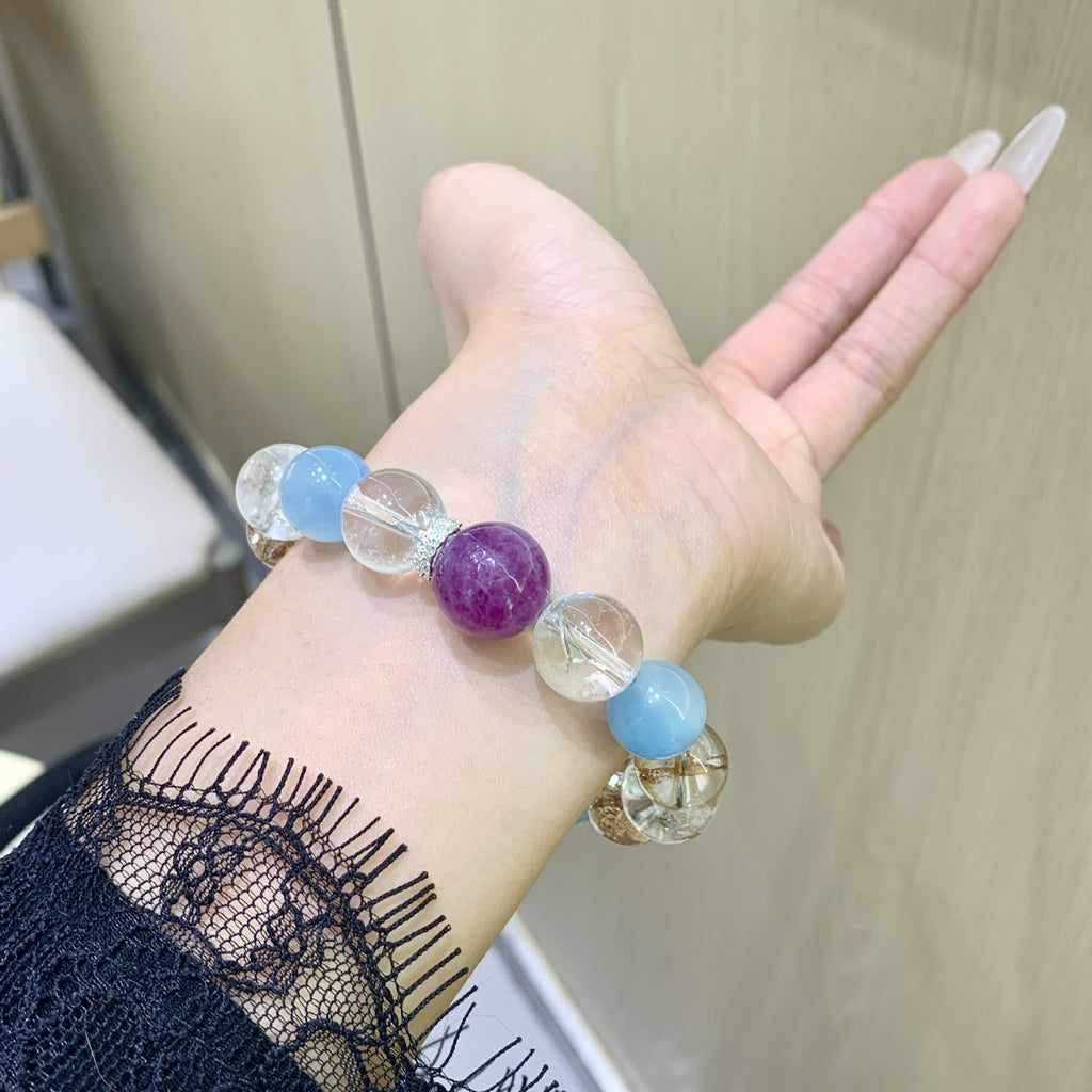 Qiaoen Colorful Candy Natural White Crystal Aquamarine Gold Foil Glue Flower Amethyst Multi-Gemstone Bracelet for Women Fashionable