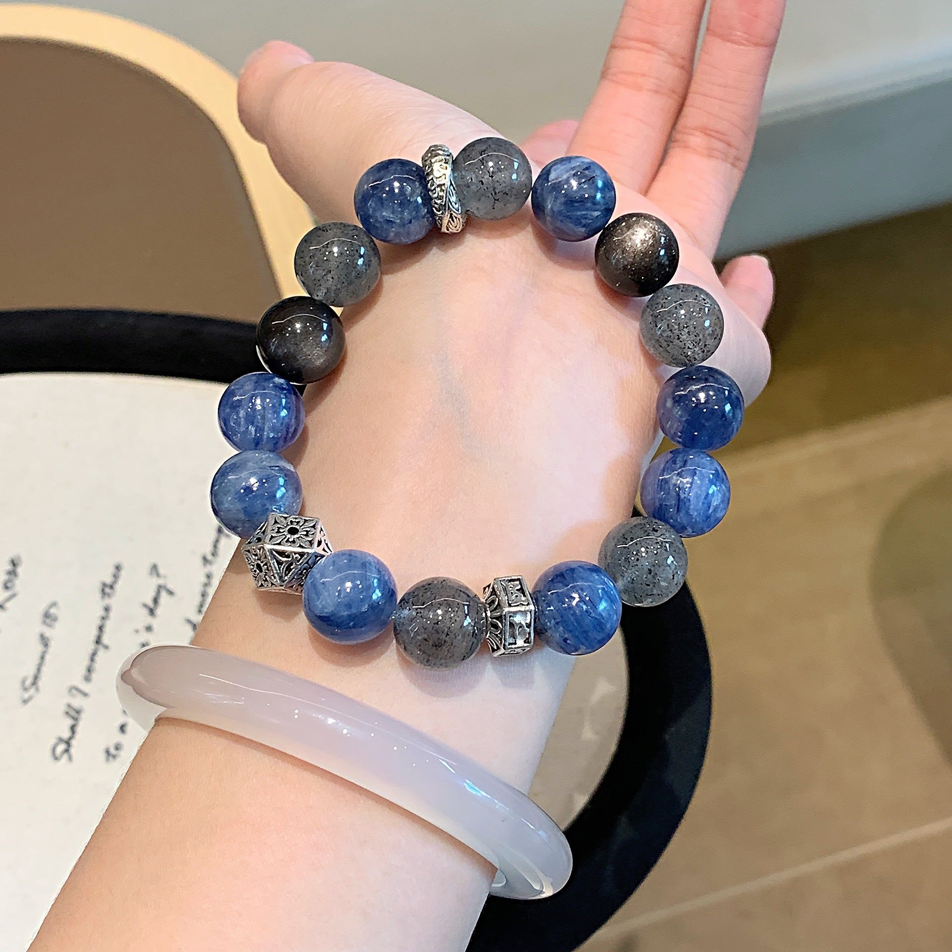 Van Gogh Starry Sky Kyanite Crystal Bracelet Natural Blue Crystal Stone Round Bead Bracelet Niche Exquisite Fashion Bracelet