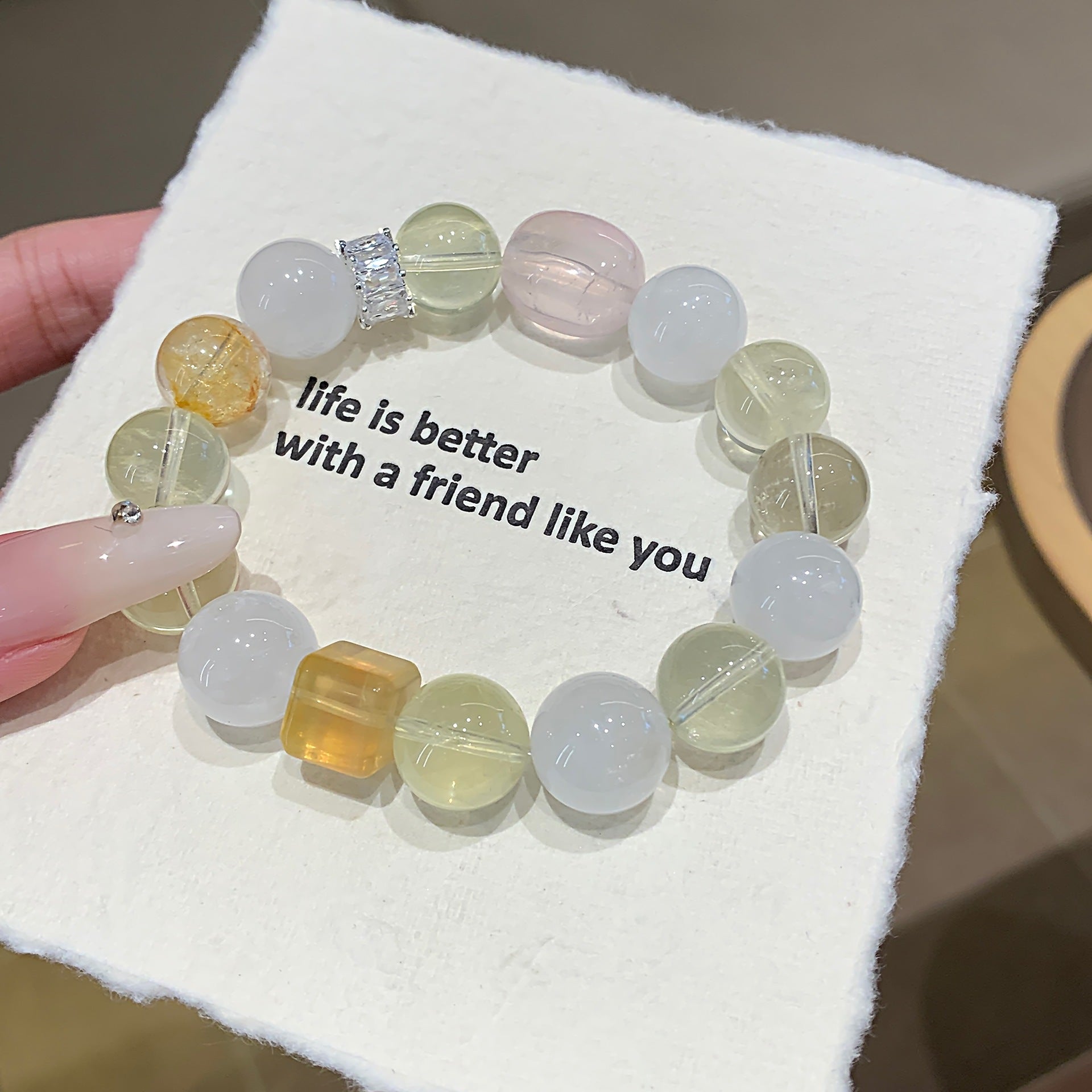 Yellow Pagoda Crystal Close-to-Chest Crystal Bracelet Simple Single Loop Versatile Bracelet with White Crystal Beads Lemon Crystal Bracelet