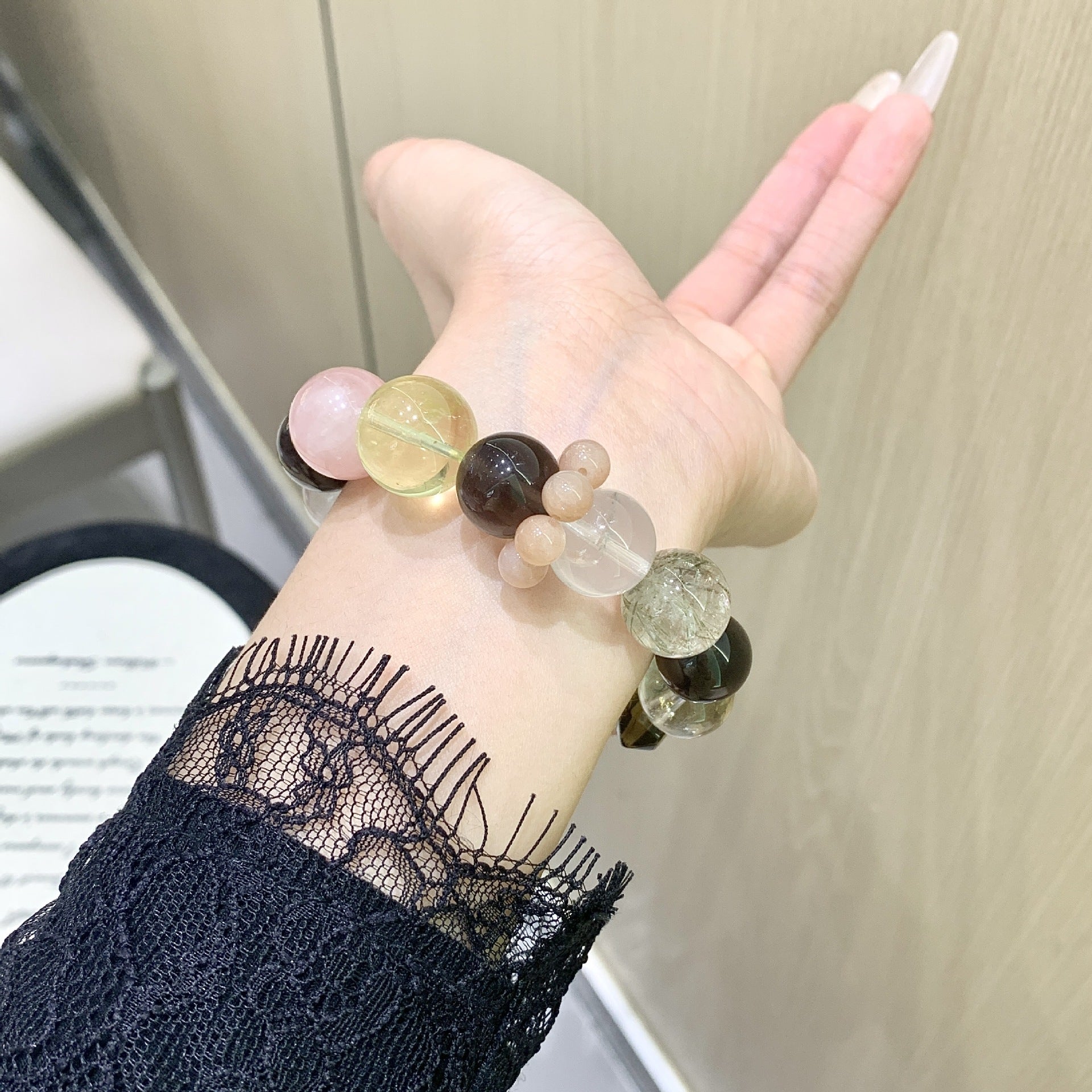 【Green Shadow】Original Natural Rose Quartz Tea Obsidian Lemon Quartz Vintage Design Bracelet Fashion Niche Women's Style