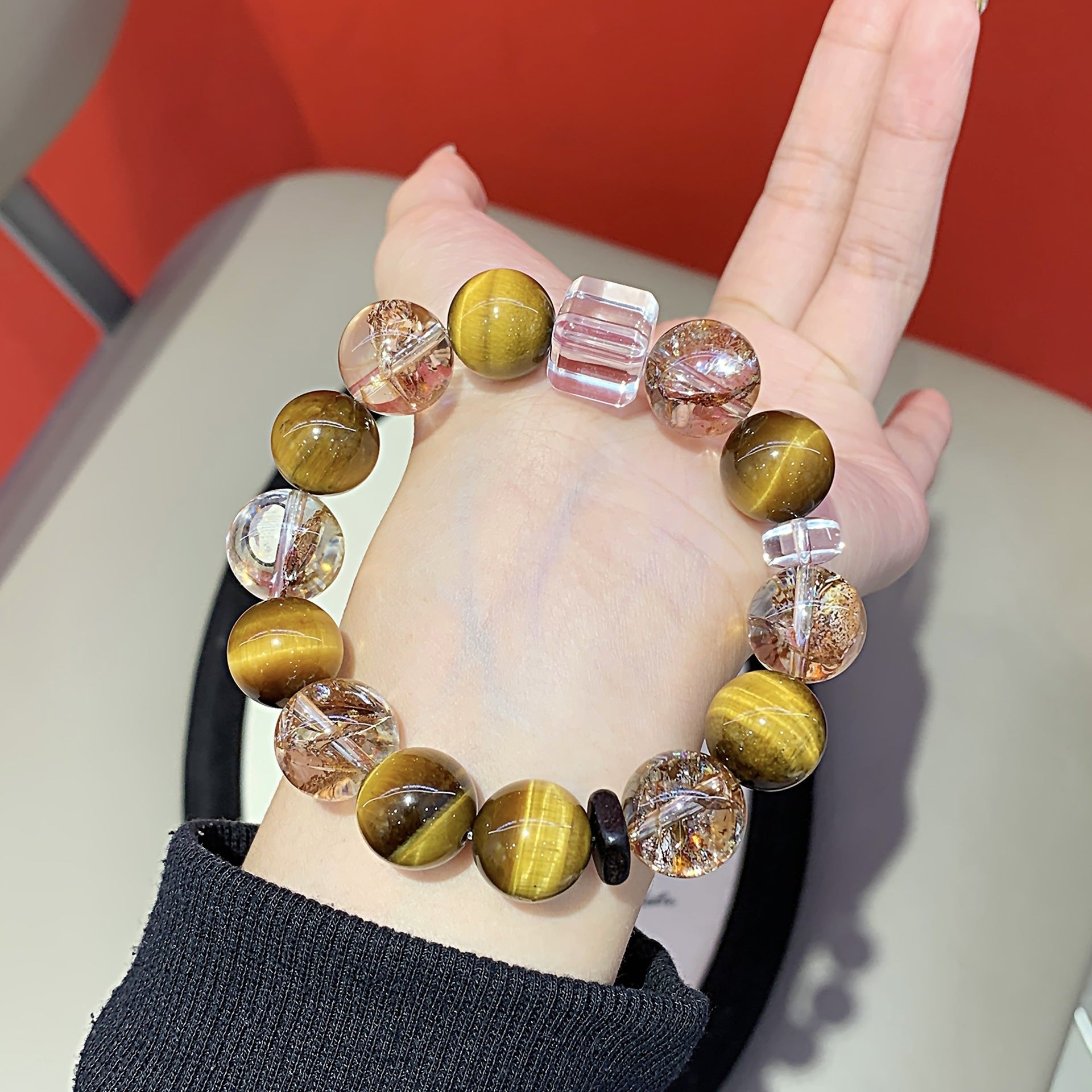 Natural Yellow Tiger Eye Bracelet Pair with Gold Foil Explosion Original Design New Cross-Border Hot-Selling Bracelet Crystal Bracelet