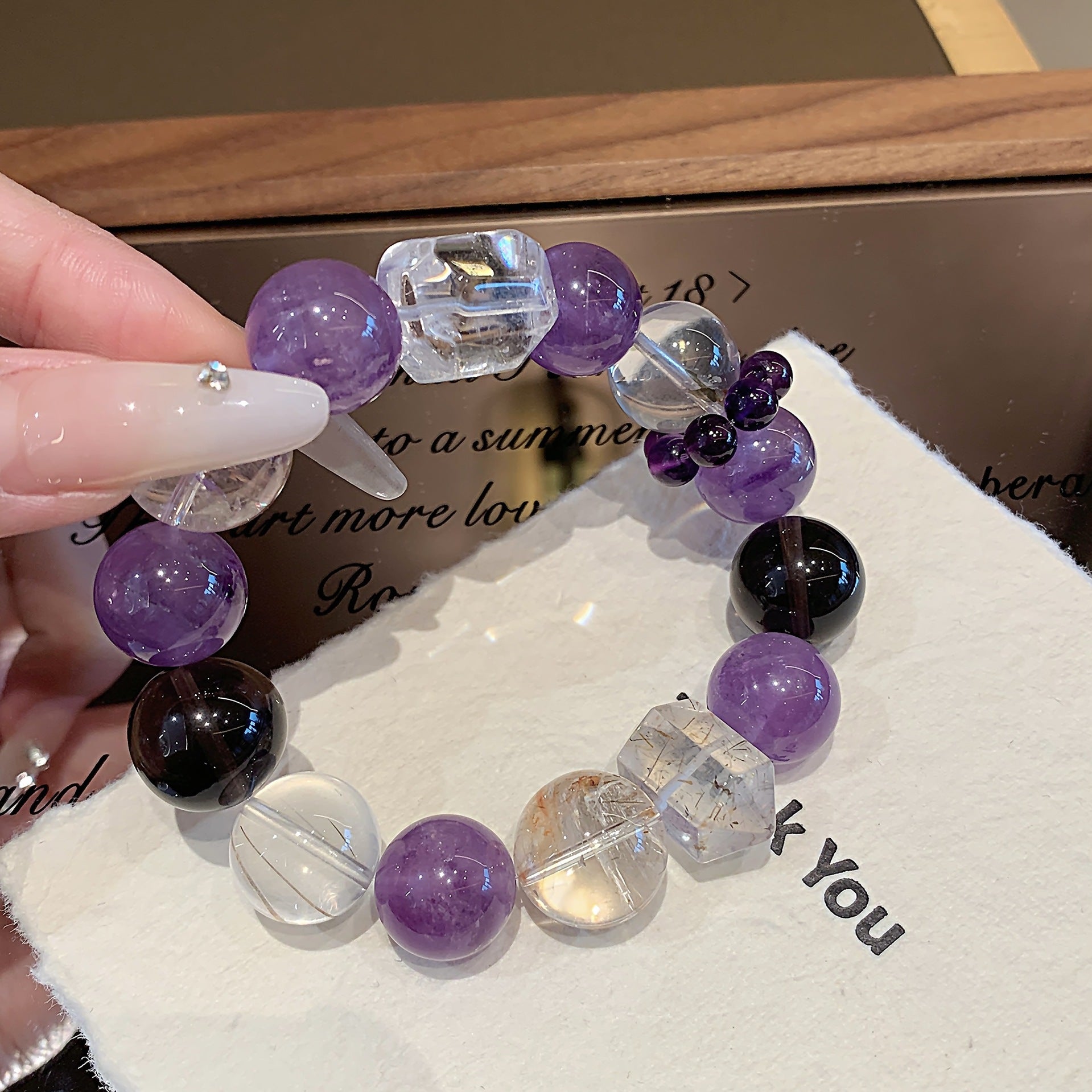 Natural Multi-Gemstone Crystal Bracelet Black Gold Super Bracelet Winter Hot Style Hand Jewelry Rainbow Multi-Treasure Dopamine Hand Crystal