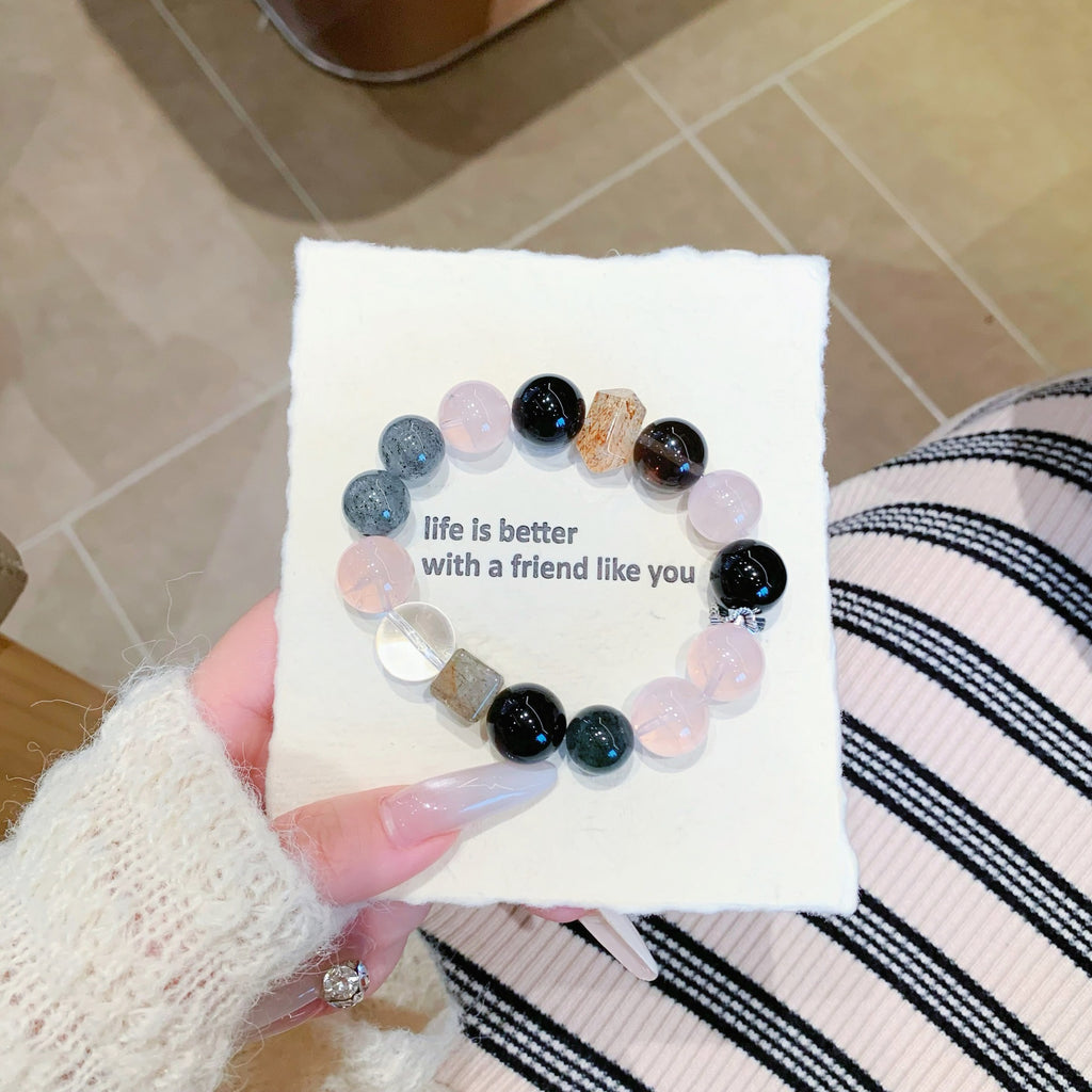 Natural Silver Obsidian Pink Crystal Couple Bracelet for Stable Relationships, Fortune Transfer, Lion Awakening Beaded Design, White Crystal Bracelet