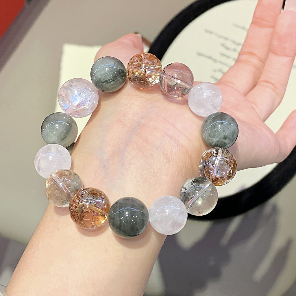 【North Sea Forest Island】Natural Gold Leaf Explosion Crystal Hand Jewelry String Whitening Versatile White Ghost White Crystal Bracelet