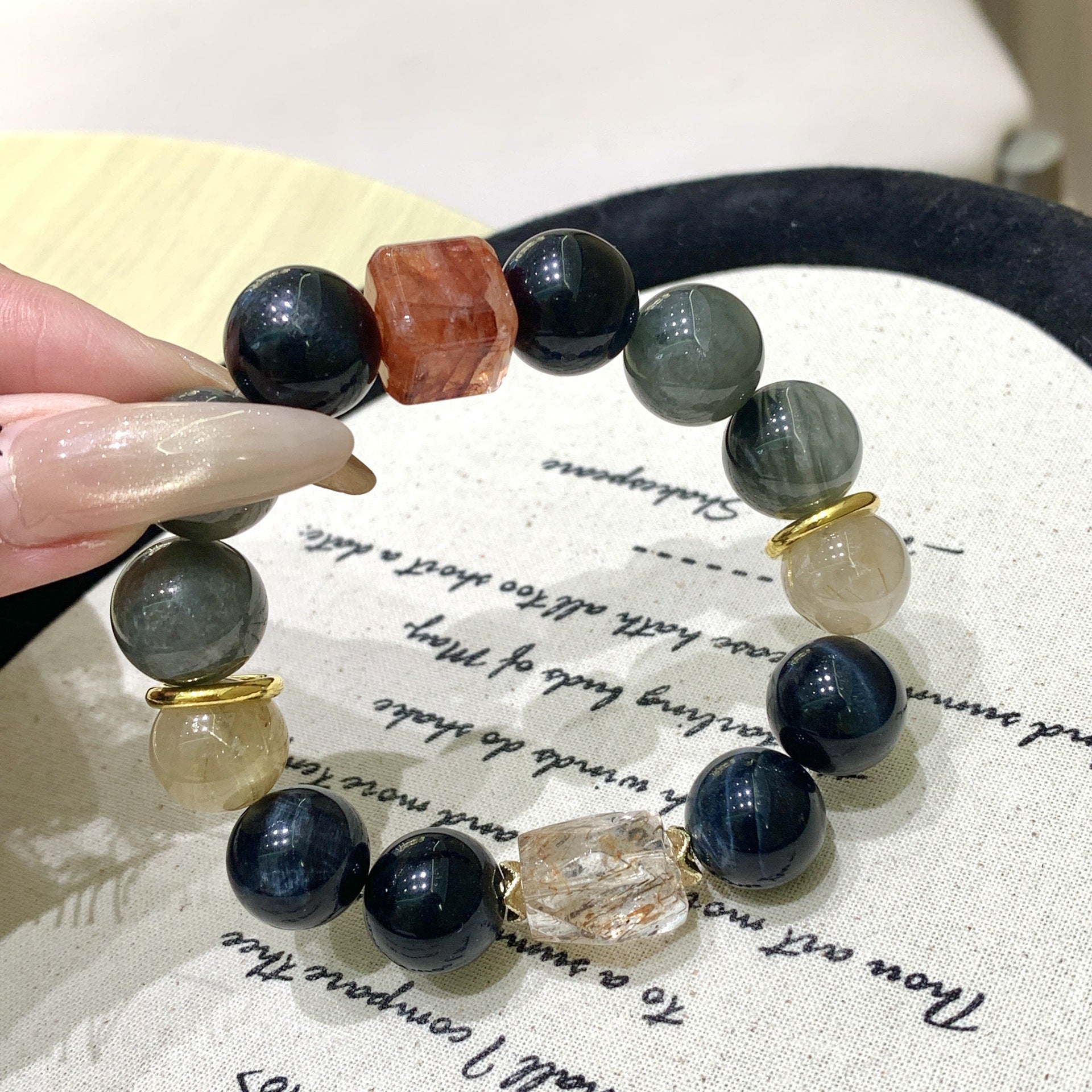 Natural Multi-Gemstone Crystal Bracelet Unisex Original Design Chinese Culture Lucky Bead Bracelet Blue Tiger Eye Bracelet