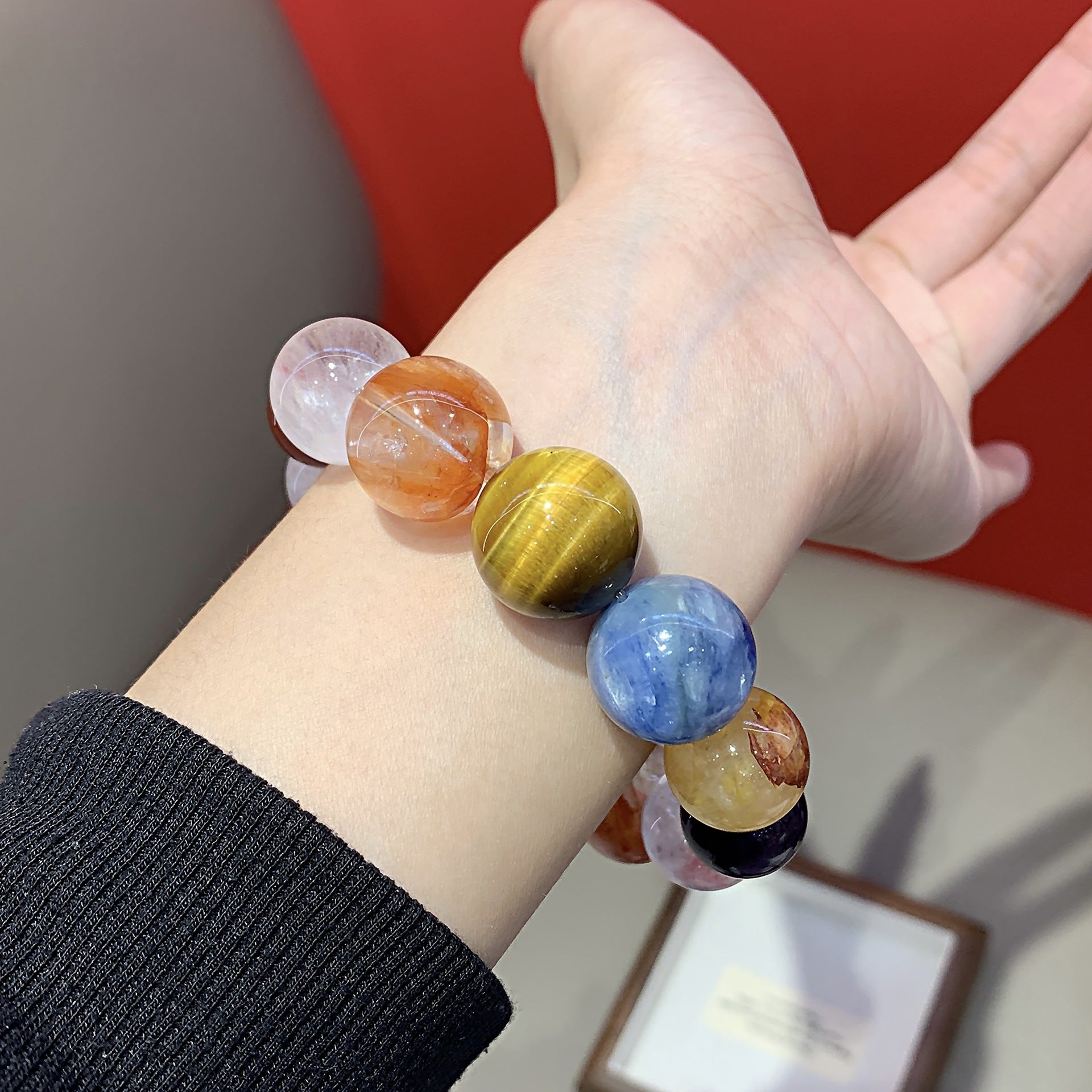 Natural Multi-Gemstone Crystal Bracelet Women's Large Yellow Tiger Eye Yellow Gum Flower White Acai Light Luxury Bracelet Crystal Beads