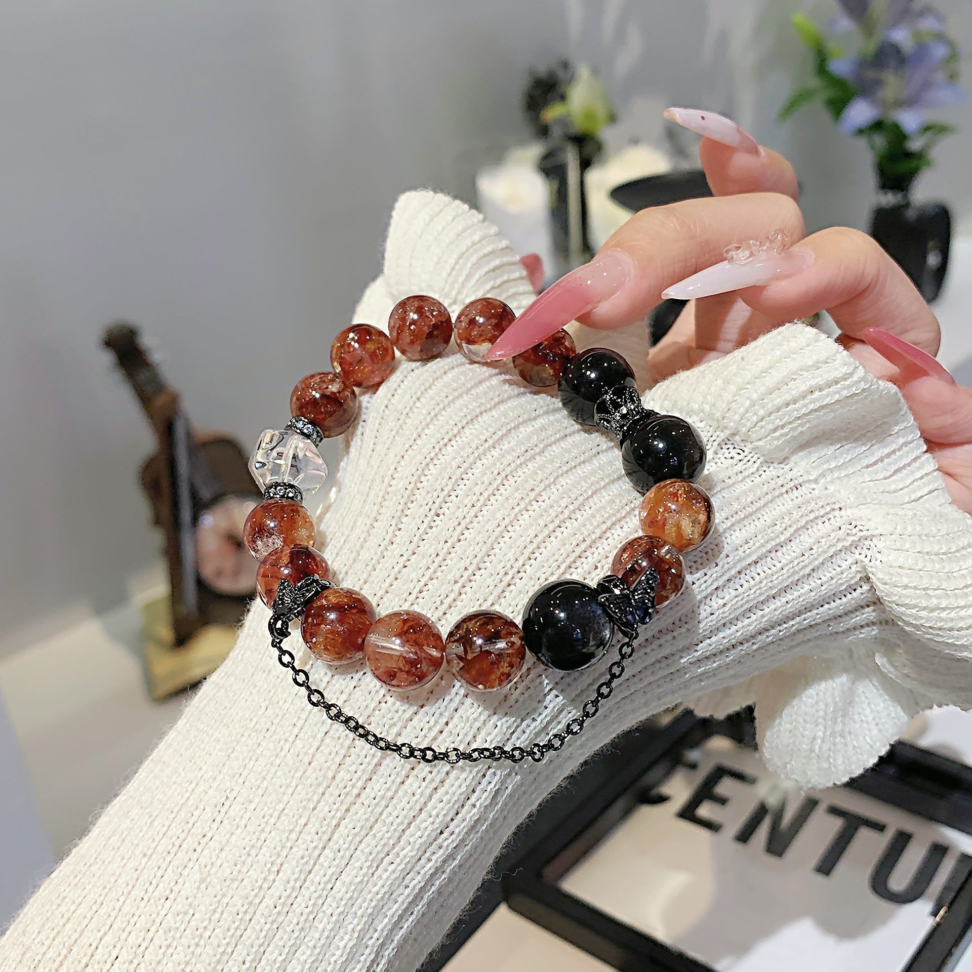 Natural Red Gum Flower Crystal Bracelet Vintage Tassel Niche Temperament diy Crystal Bracelet Natural Crystal Bracelet