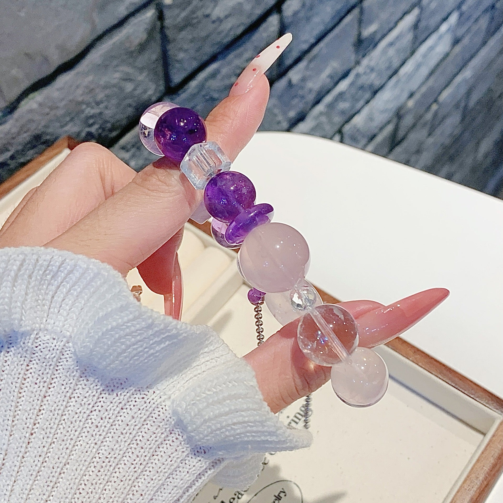 Natural Amethyst with White Phantom Pink crystal DIY Original Minimalist Style Crystal Chain Wholesale Crystal Bracelets