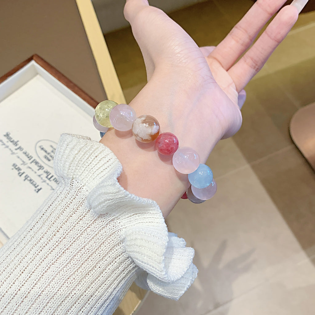 Natural Multi-Gemstone Crystal Bracelet Original Design Single Circle Large Crystal Beaded Bracelet Rose Quartz Multi-Gemstone Bracelet