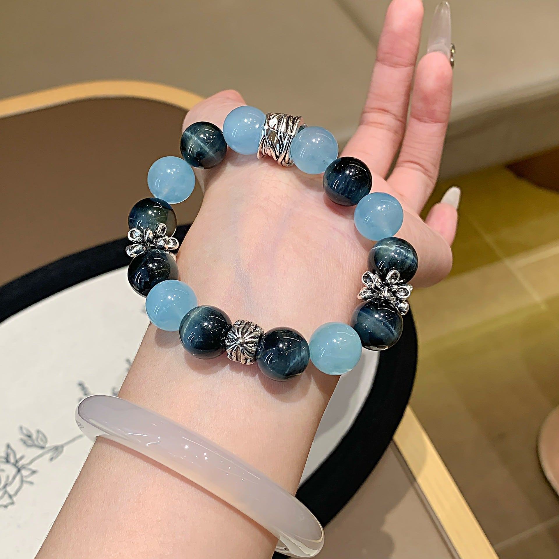 Junyu High-End Cool Style Natural Aquamarine Bracelet Blue Tiger Eye Bracelet Niche Design Aquamarine Bracelet