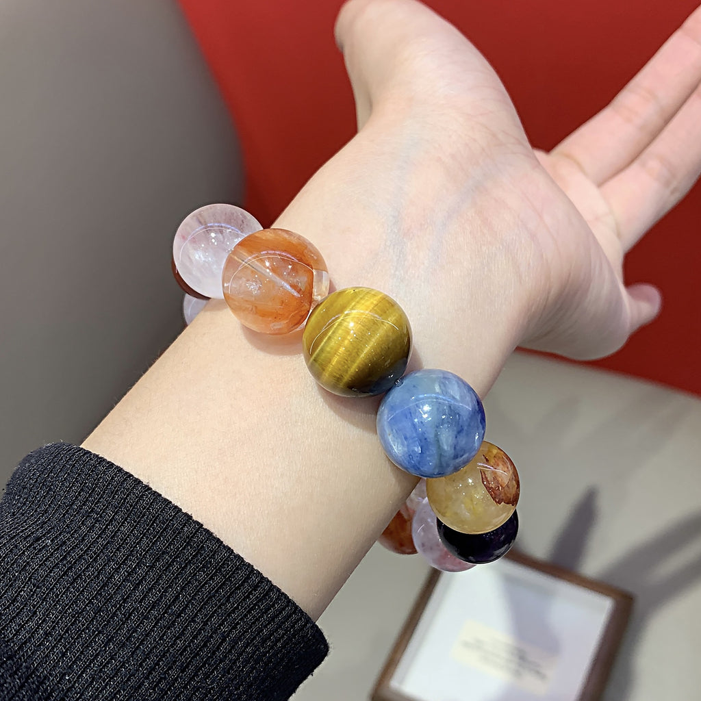 Natural Multi-Gemstone Crystal Bracelet Women's Large Yellow Tiger Eye Yellow Gum Flower White Acai Light Luxury Bracelet Crystal Beads