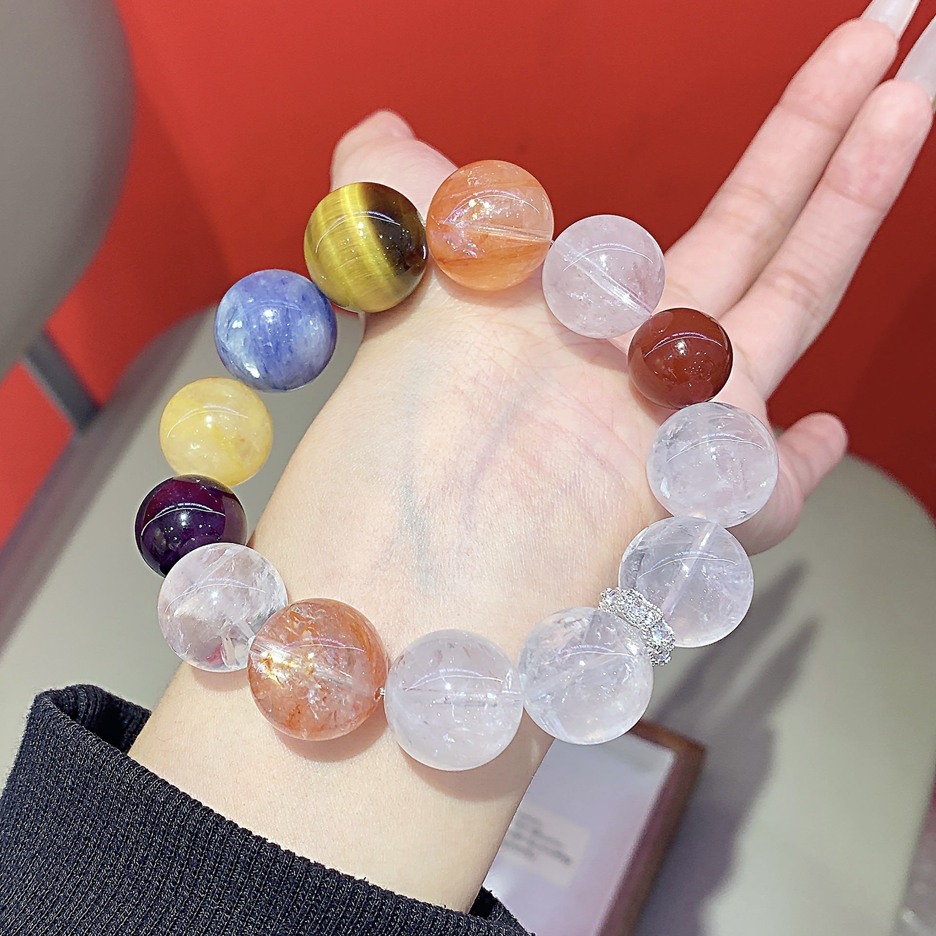 Natural Multi-Gemstone Crystal Bracelet Women's Large Yellow Tiger Eye Yellow Gum Flower White Acai Light Luxury Bracelet Crystal Beads