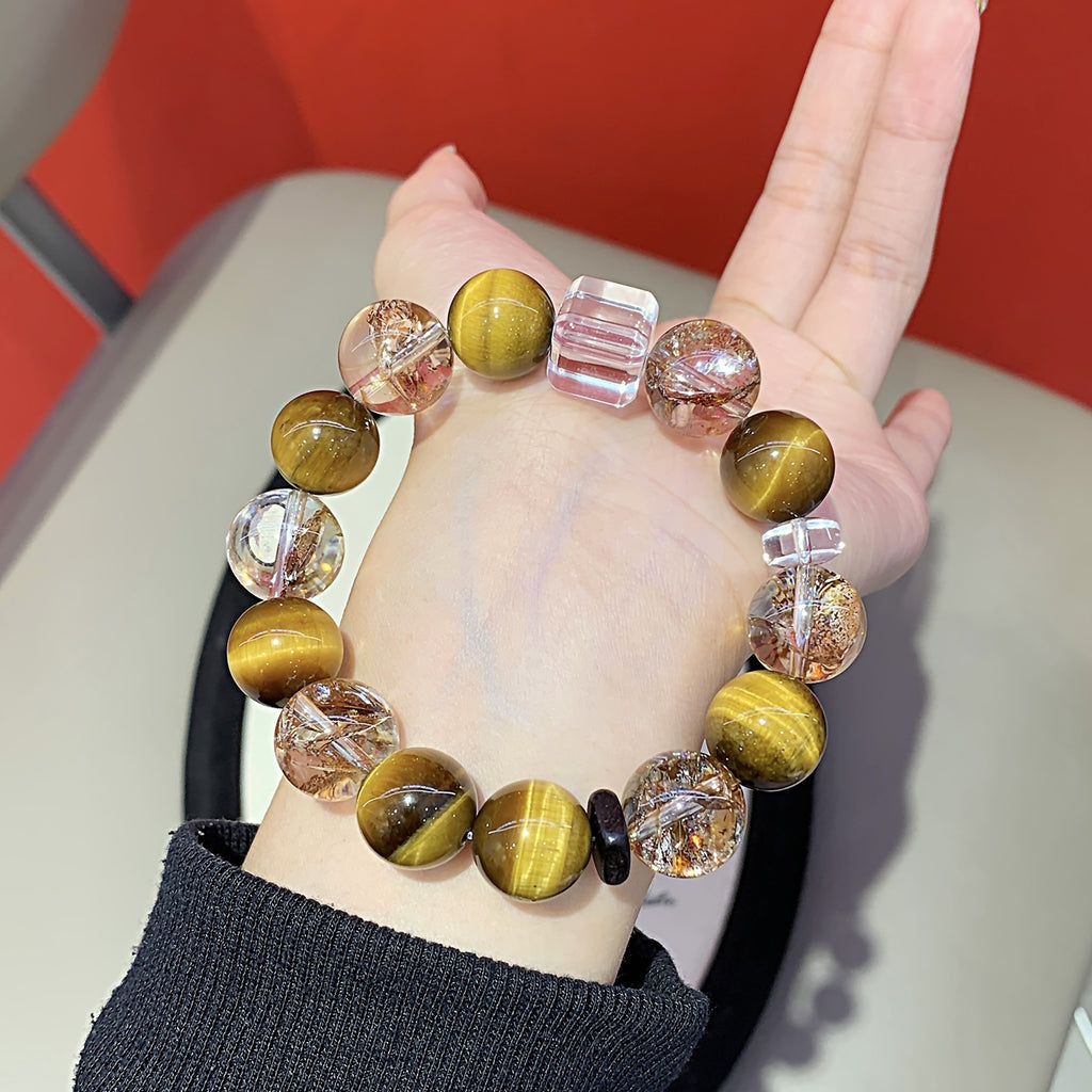 Natural Yellow Tiger Eye Bracelet Pair with Gold Foil Explosion Original Design New Cross-Border Hot-Selling Bracelet Crystal Bracelet