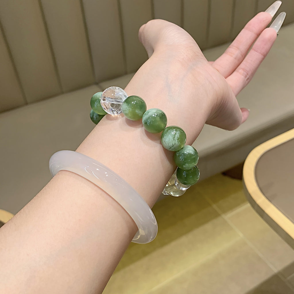 Natural Xiuyan Jade with White Crystal Large Size Bracelet Niche Design Gentle Temperament Style Hand Jewelry String Bracelet