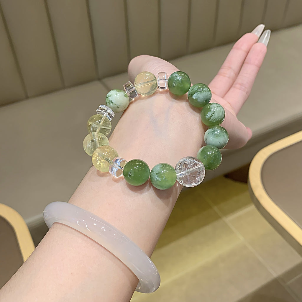 Natural Xiuyan Jade with White Crystal Large Size Bracelet Niche Design Gentle Temperament Style Hand Jewelry String Bracelet