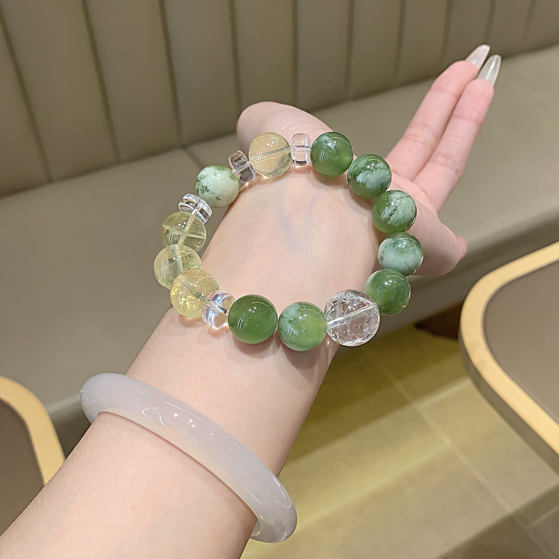 Natural Xiuyan Jade with White Crystal Large Size Bracelet Niche Design Gentle Temperament Style Hand Jewelry String Bracelet