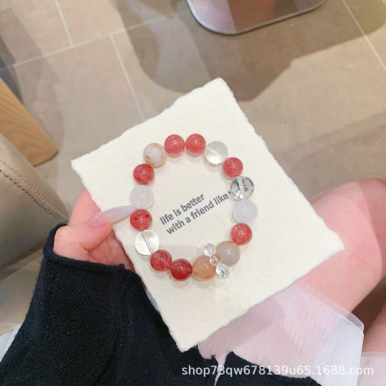 Mengzi Yi Same Style Crystal Bracelet Natural White Crystal and Cherry Blossom Agate Matching Hot-Selling Bracelet Crystal Bracelet