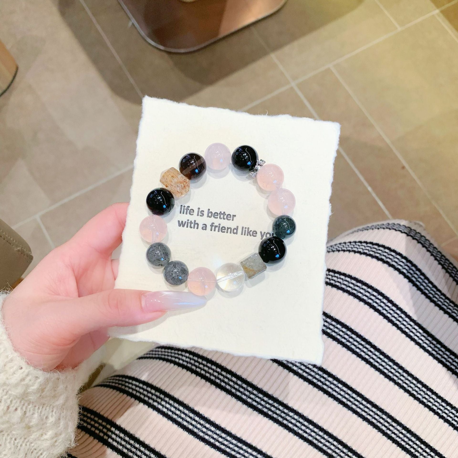 Natural Silver Obsidian Pink Crystal Couple Bracelet for Stable Relationships, Fortune Transfer, Lion Awakening Beaded Design, White Crystal Bracelet