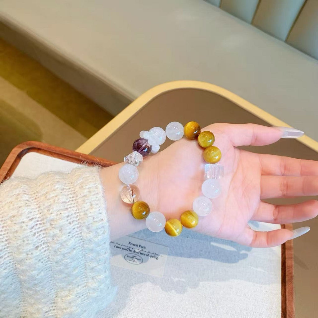 Natural Gold Tiger Eye Matching White Phantom Single Circle Bracelet Original Design Natural Crystal Bracelet Golden Tiger Eye Bracelet