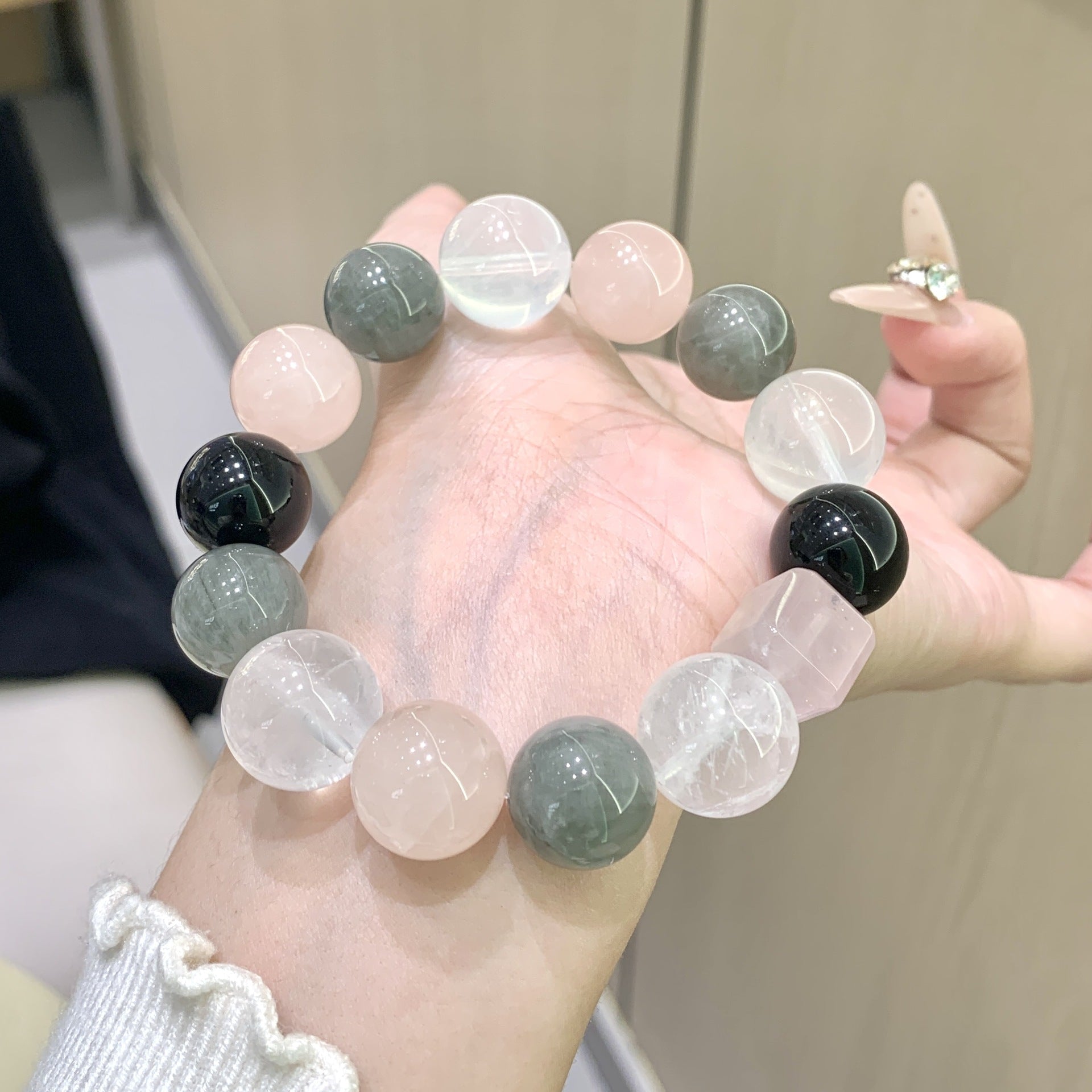 Gentle Pink Series DaZuobao Natural Pink Crystal Bracelet Large White Phantom Crystal Women's Jewelry String